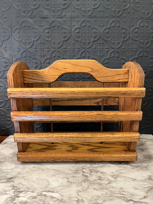Large oak magazine book rack with slats