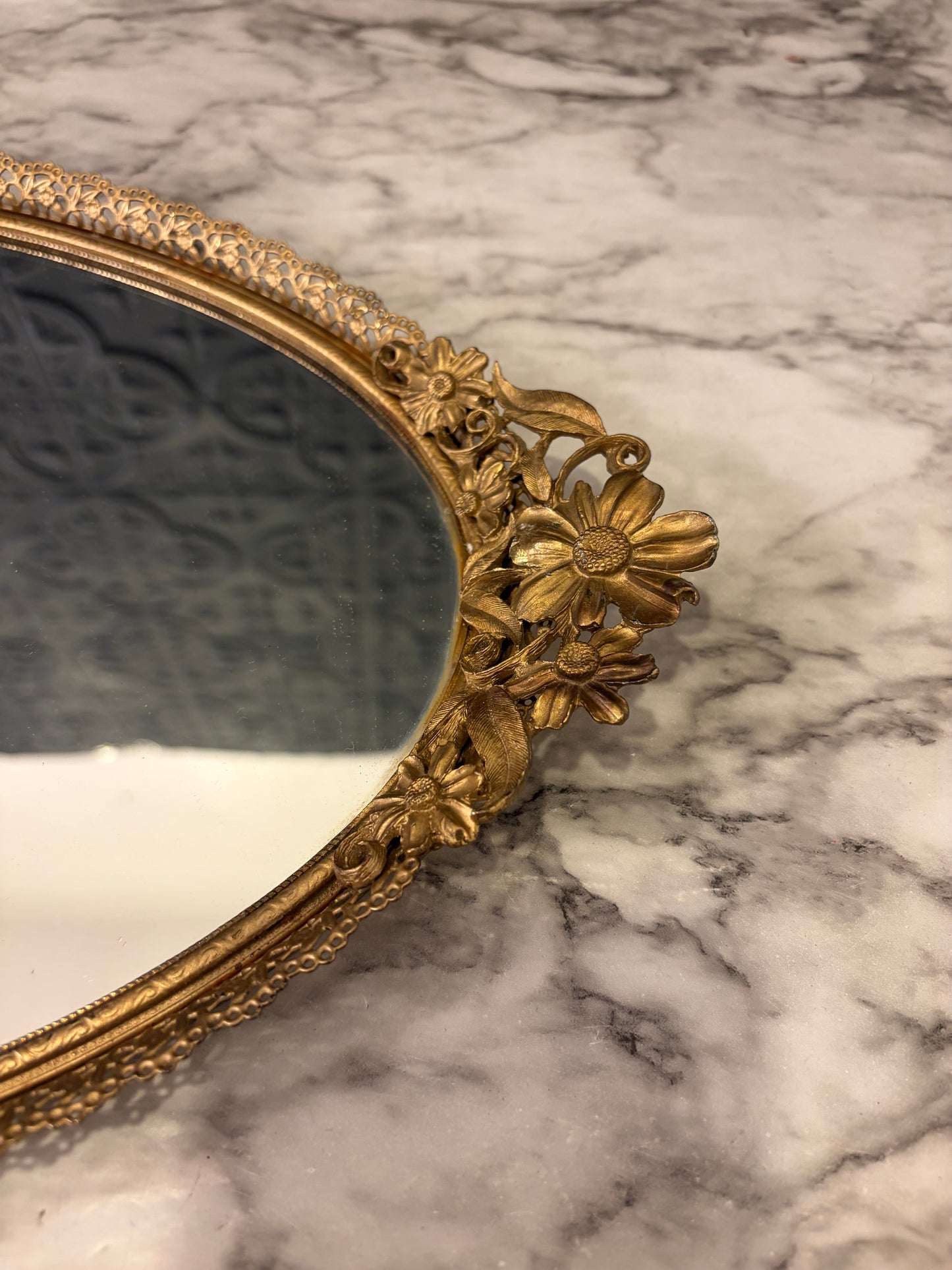 Vintage Oval Mirror Tray with Flower Handles 18"