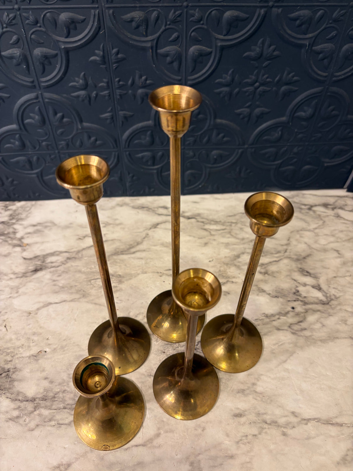 Set of 5 Skinny Brass Candle Holders 9.5" to 3"