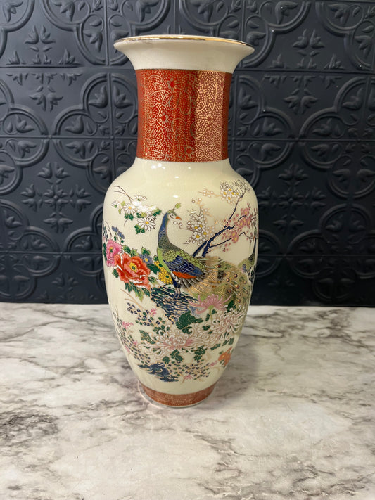 Tall Satsuma Peacock Floral Vase Orange Rim