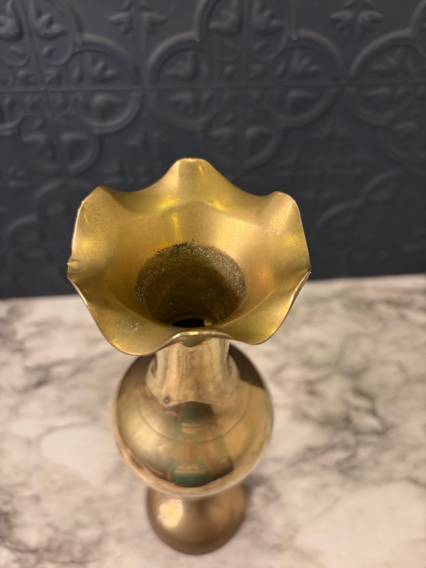 12" Ruffled Top Brass Vase