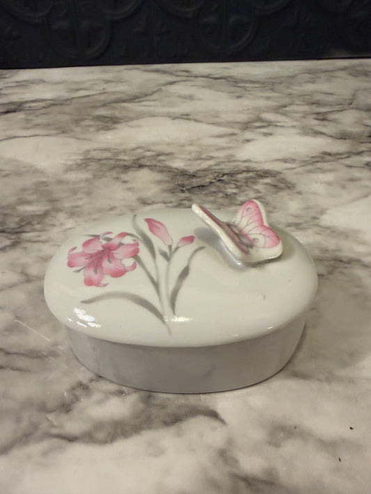 Small Oval Trinket Box with Pink Flowers and Butterfly