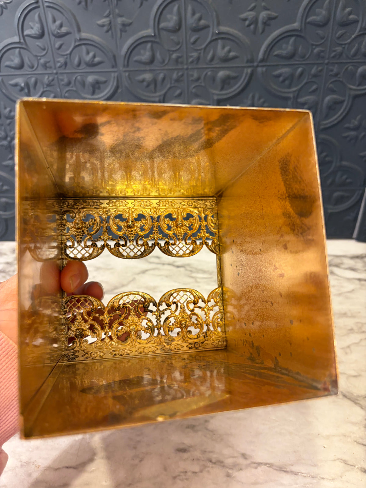 Brass Tissue Box Cover with Roses