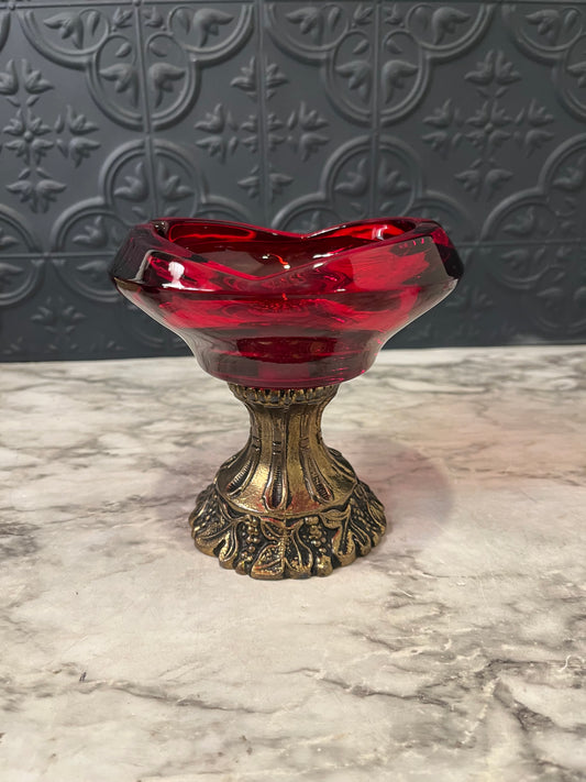 Red Glass Ashtray on Ornate base