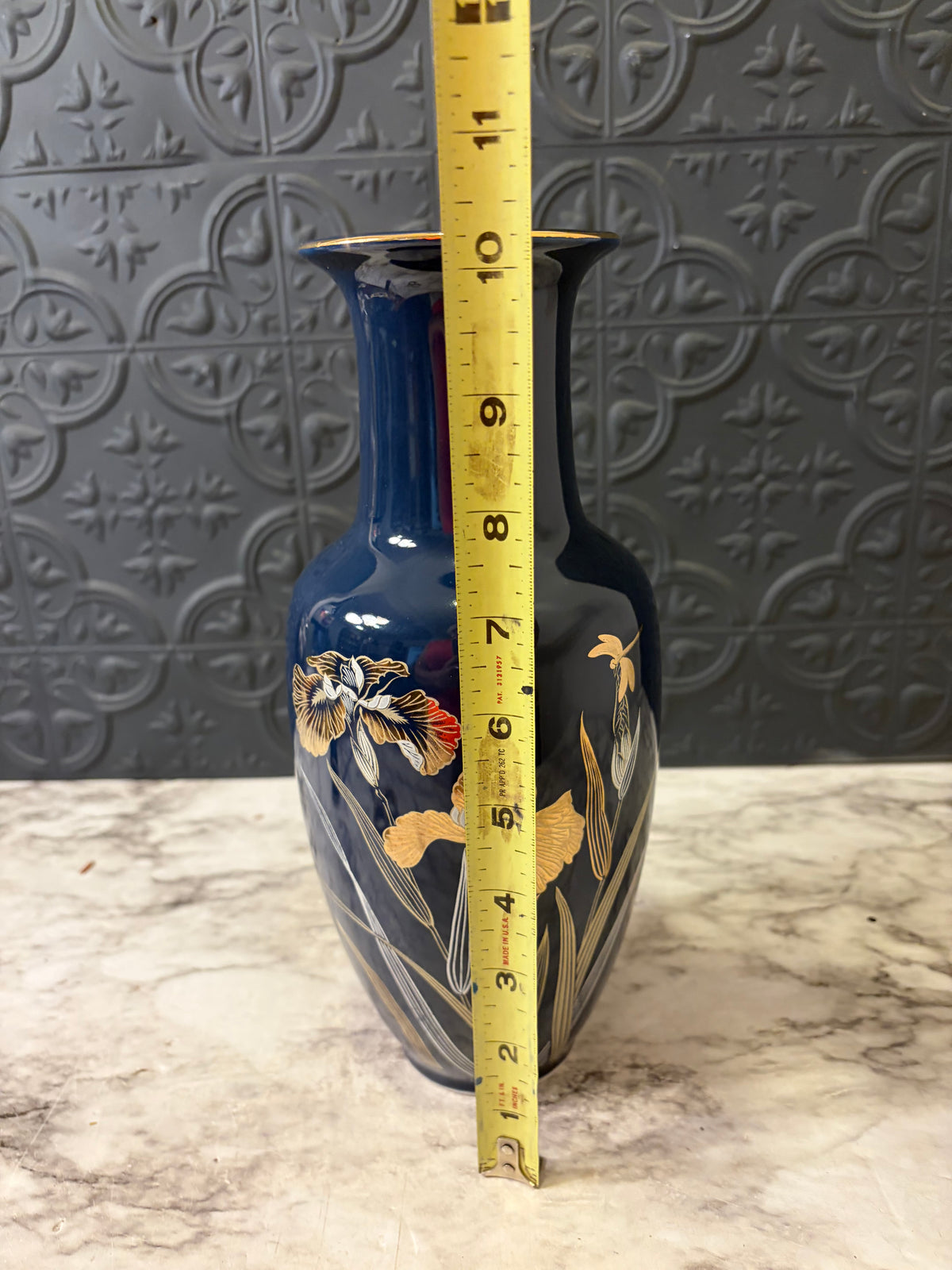 Japanese Cobalt Blue Vase with Iris and gold trim