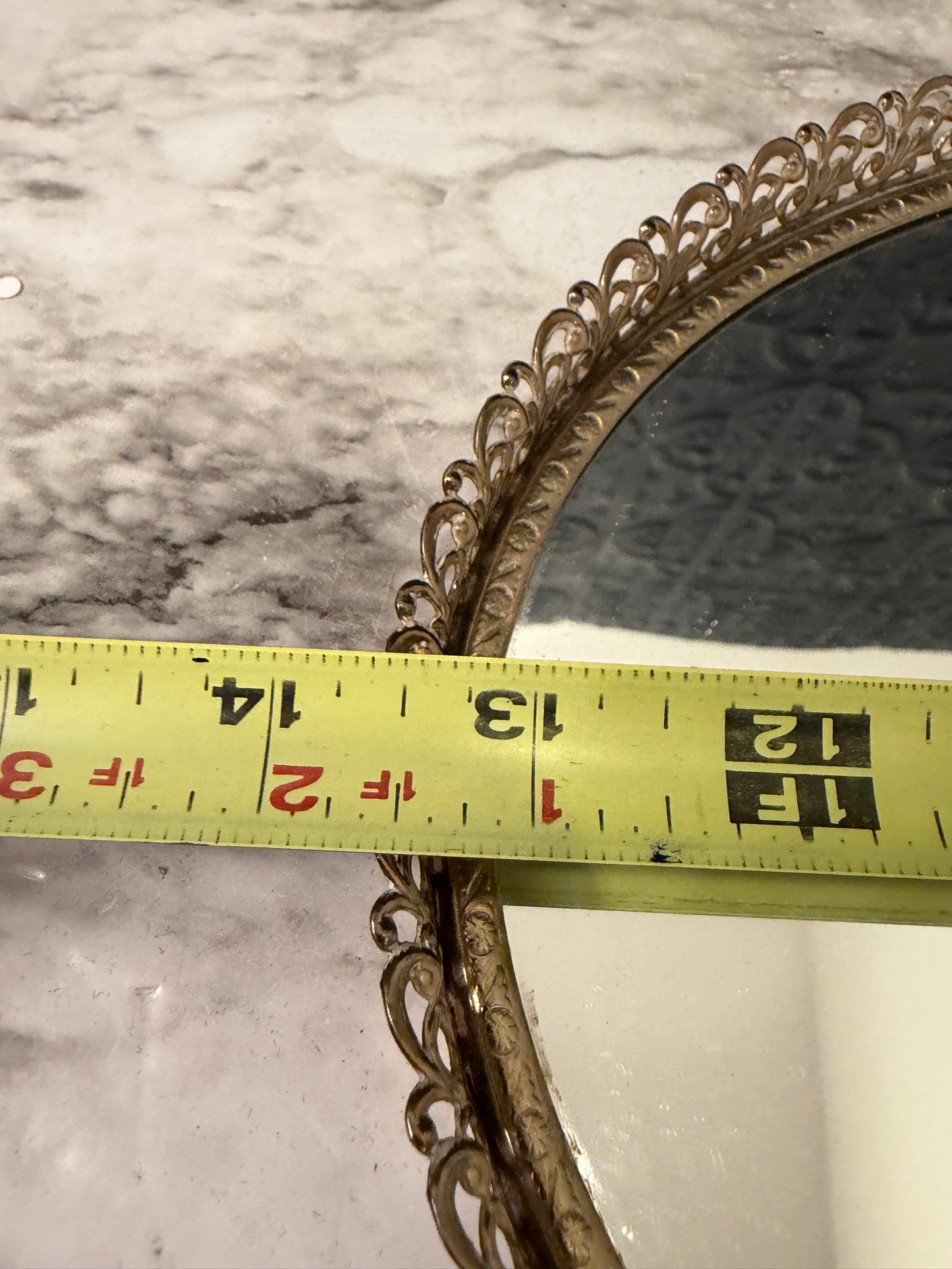 Oval Filligree Mirror Tray with Copper Backed Glass