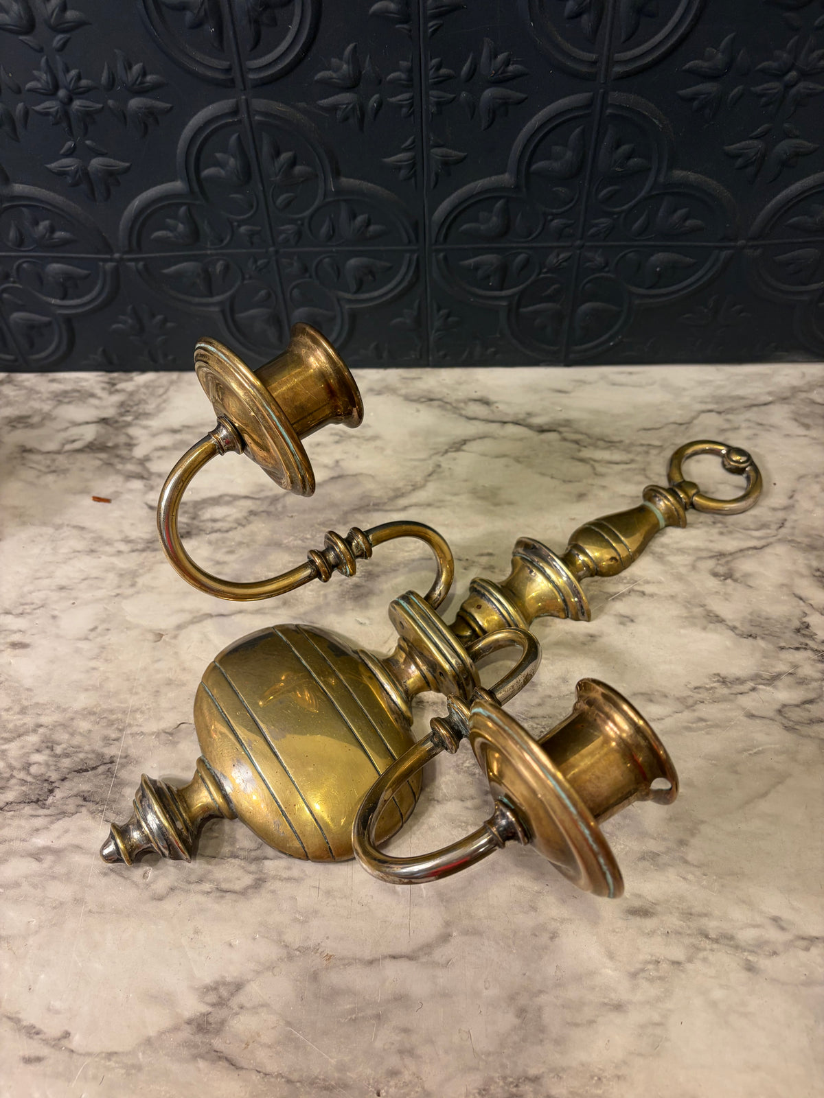 Double Arm Brass Sconce with Weighted Round Base