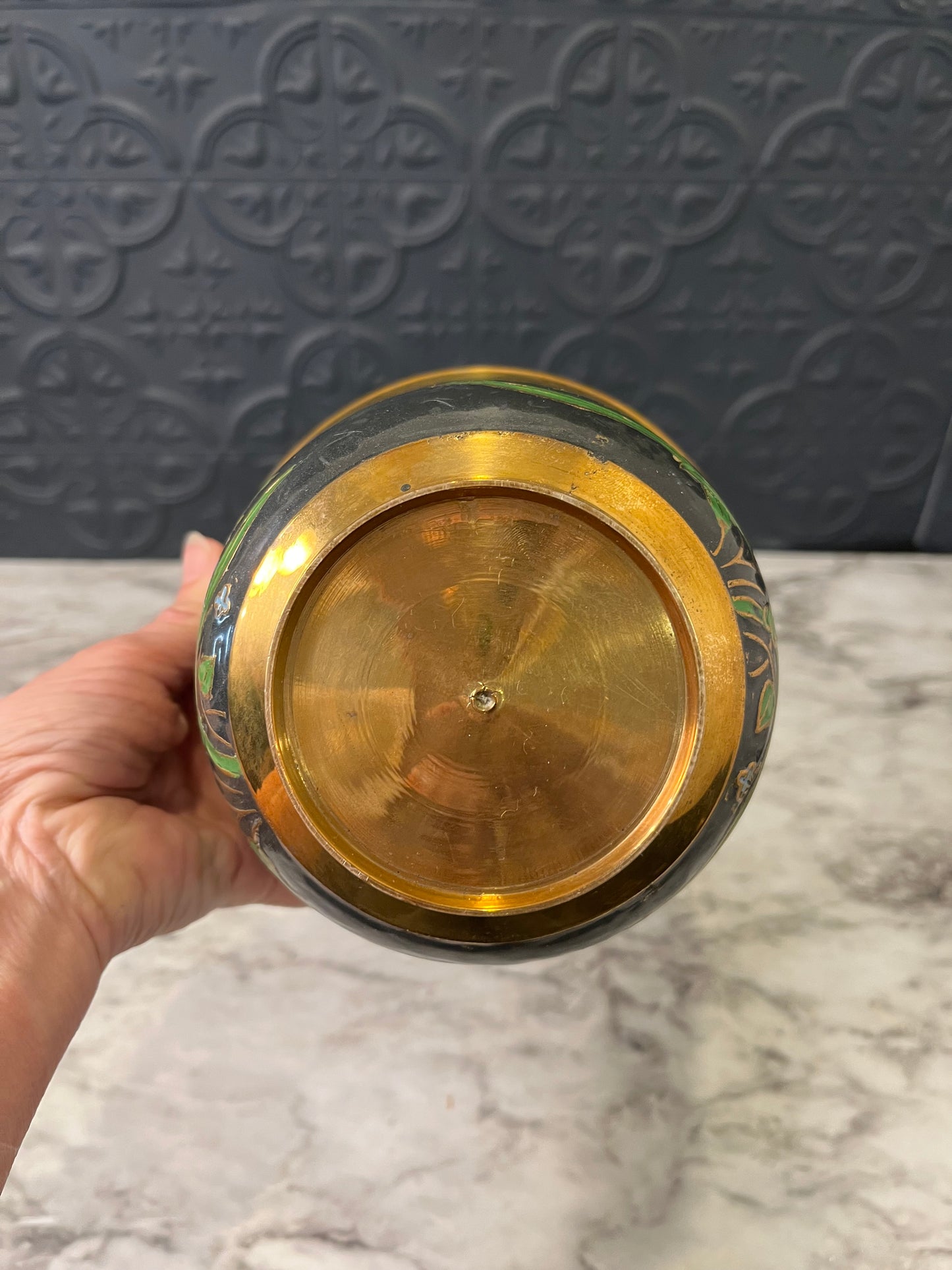 Cloisonne enameled Brass Pot  Navy with flowers