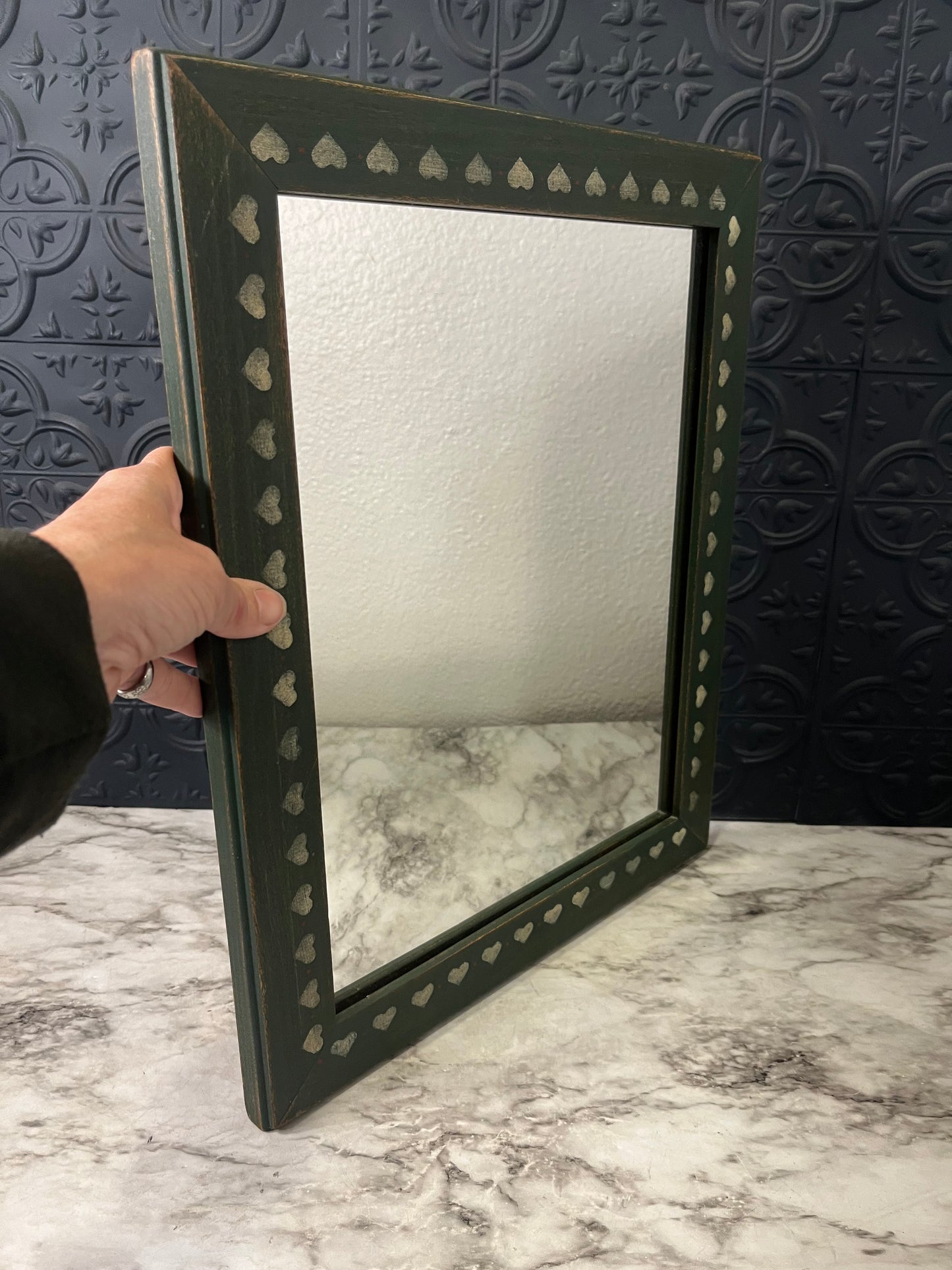 Vintage Green Mirror with Hearts
