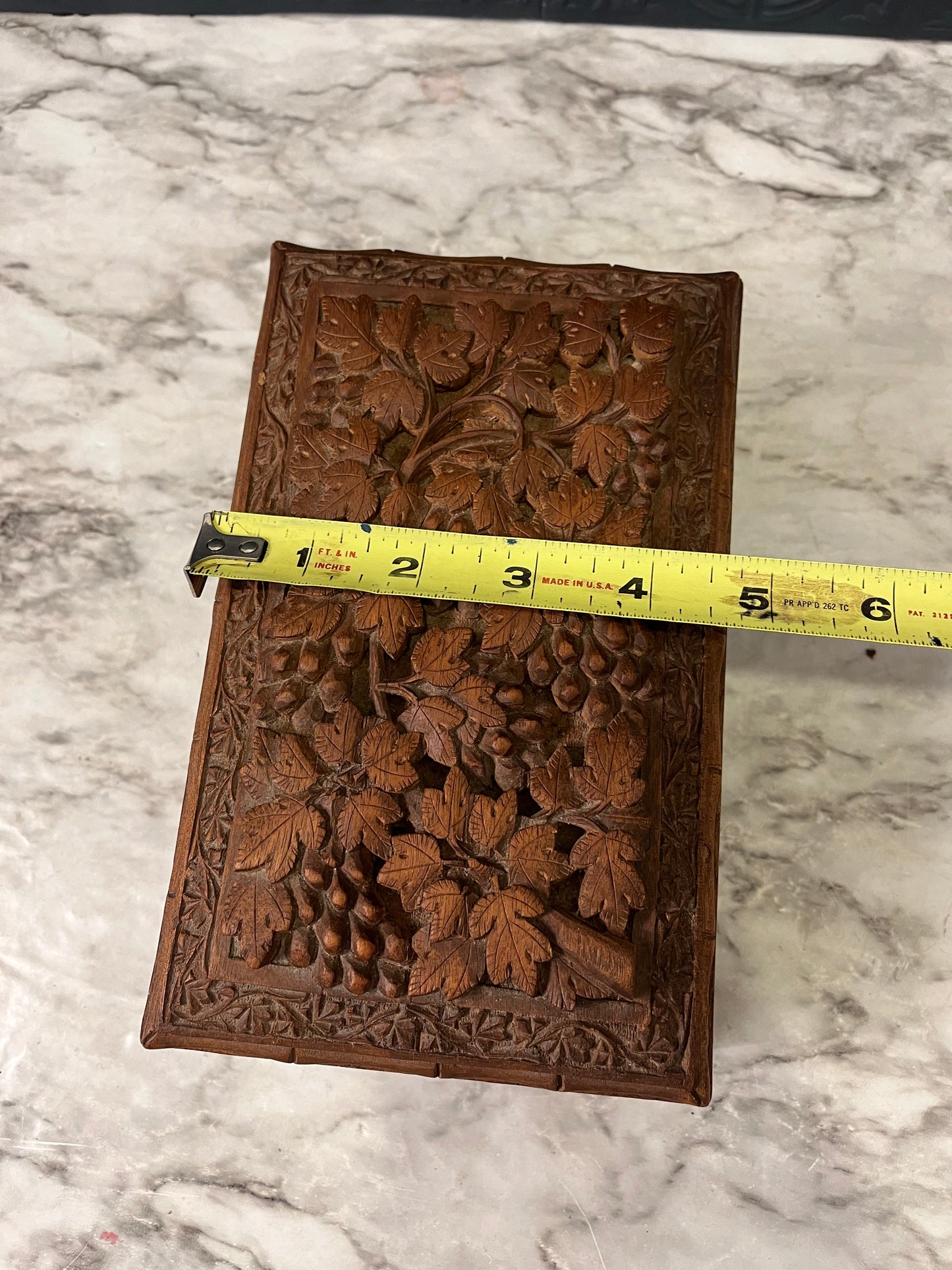 Intricately Carved Wood Box with Leaves