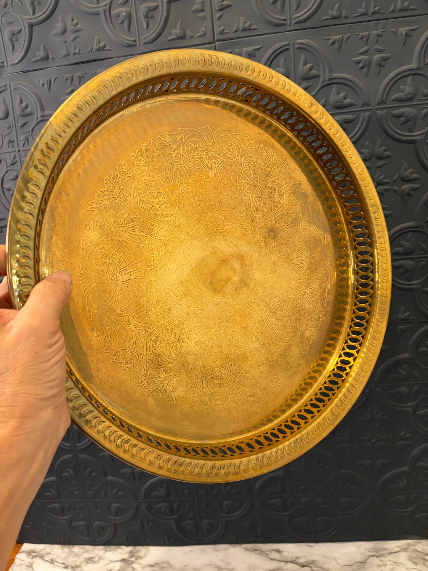 Round Brass Etched Tray with Cutout Rim 12"