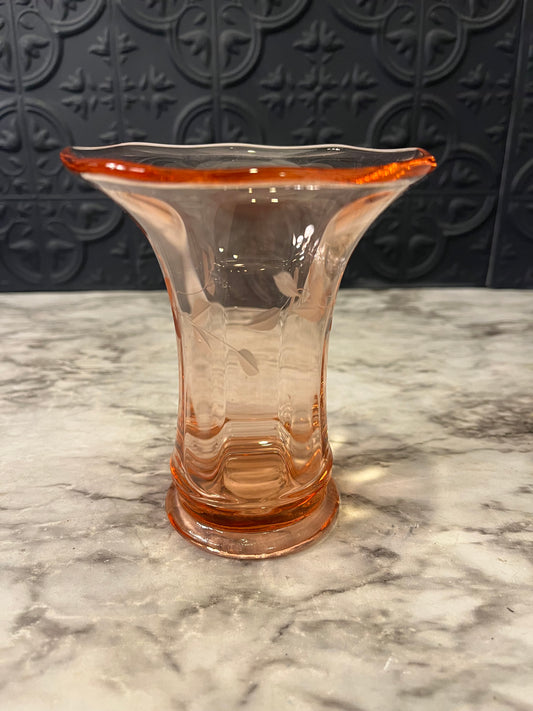 Pink Glass Trumpet Vase with Etching