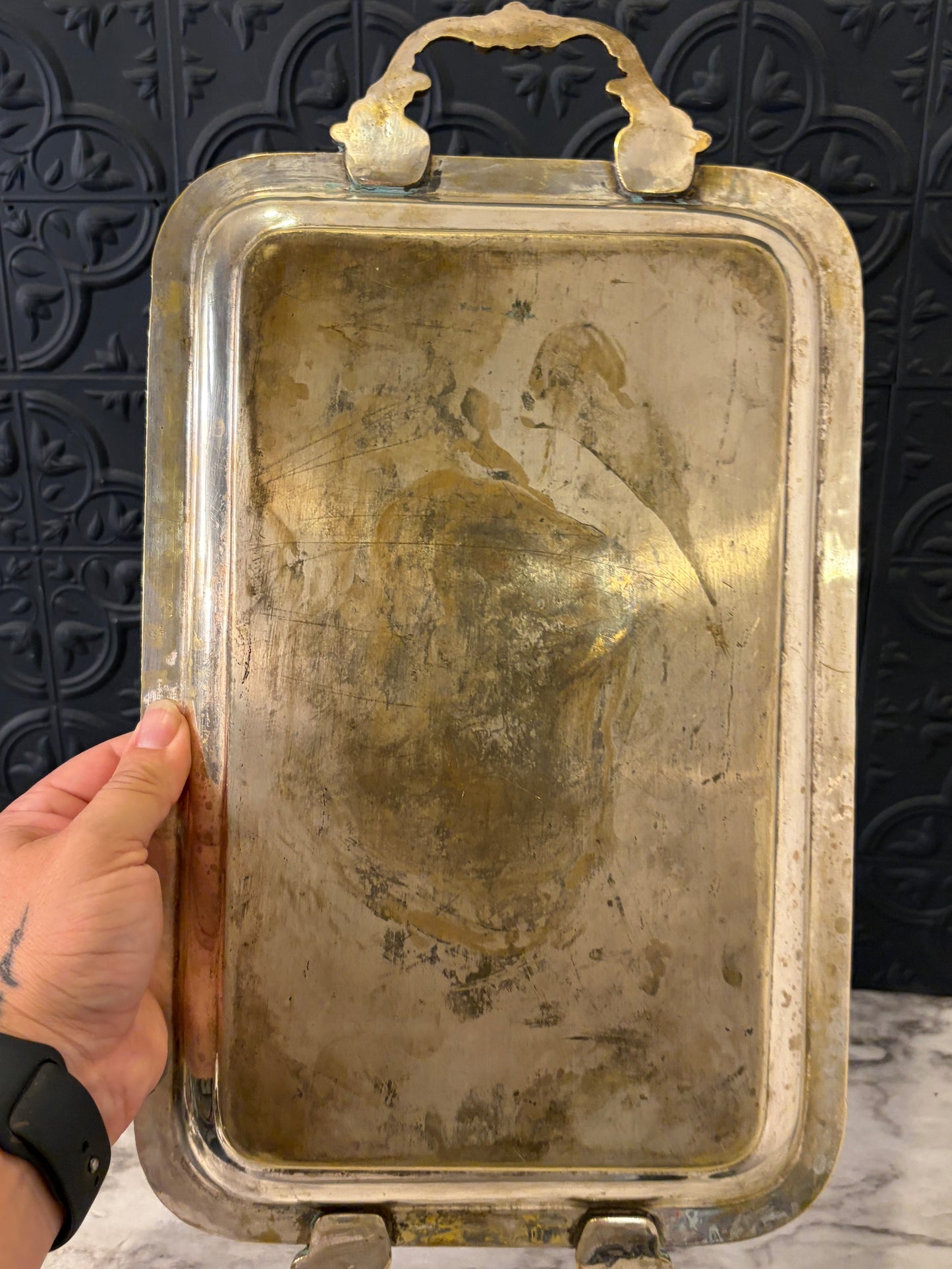 17" Etched Rectangle Metal Tray with Handles