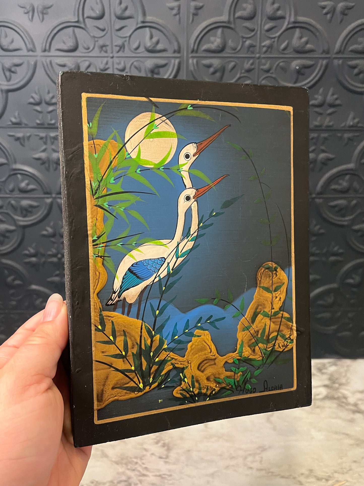 Vintage Stork Painting on Wood by Hugo Alcala