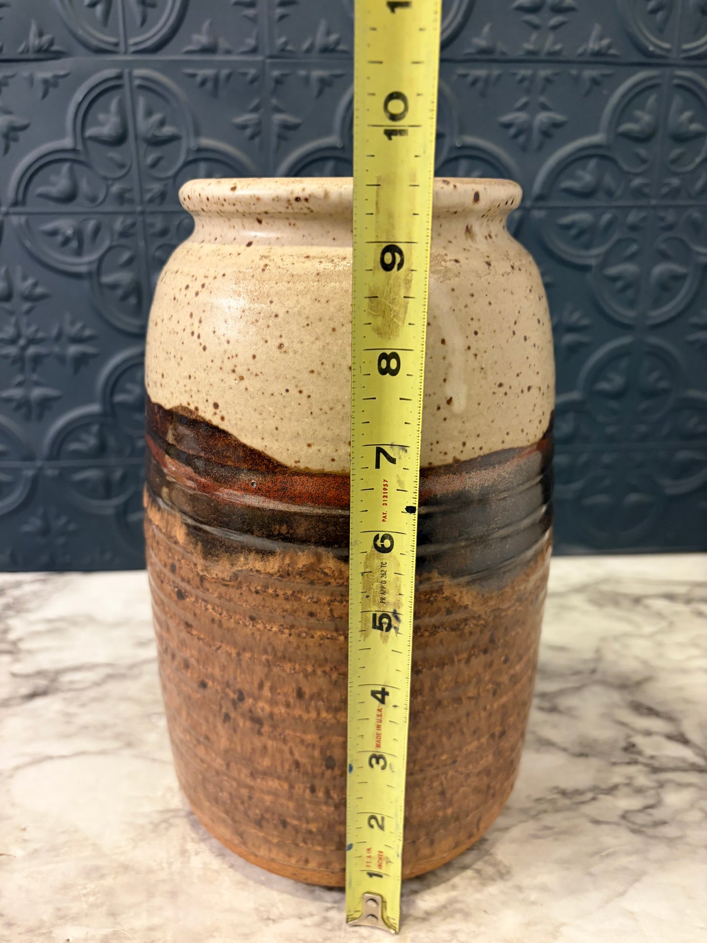 Two Tone Brown and Cream Pottery Vase 9.5"