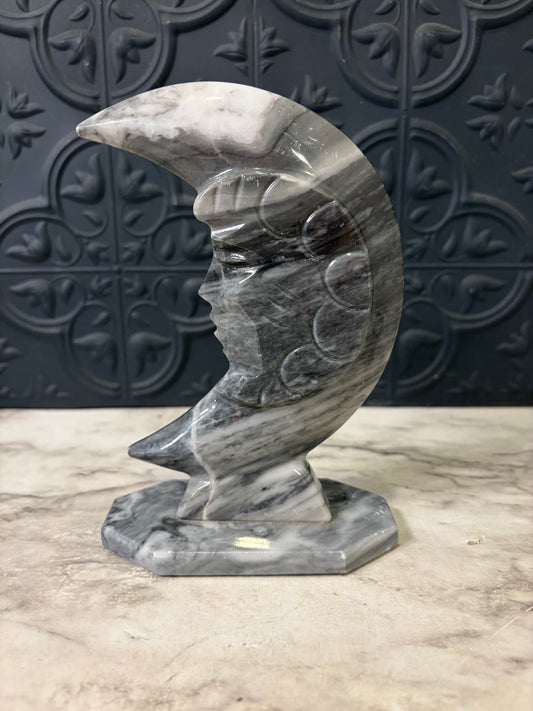 Grey and White Carved Marble Moon with Face