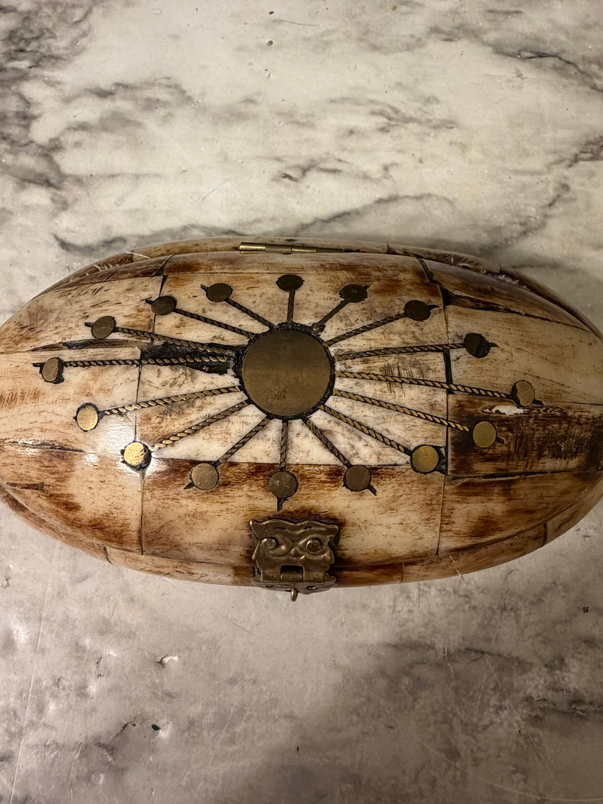 Oval Bone Trinket Box with Brass Inlay