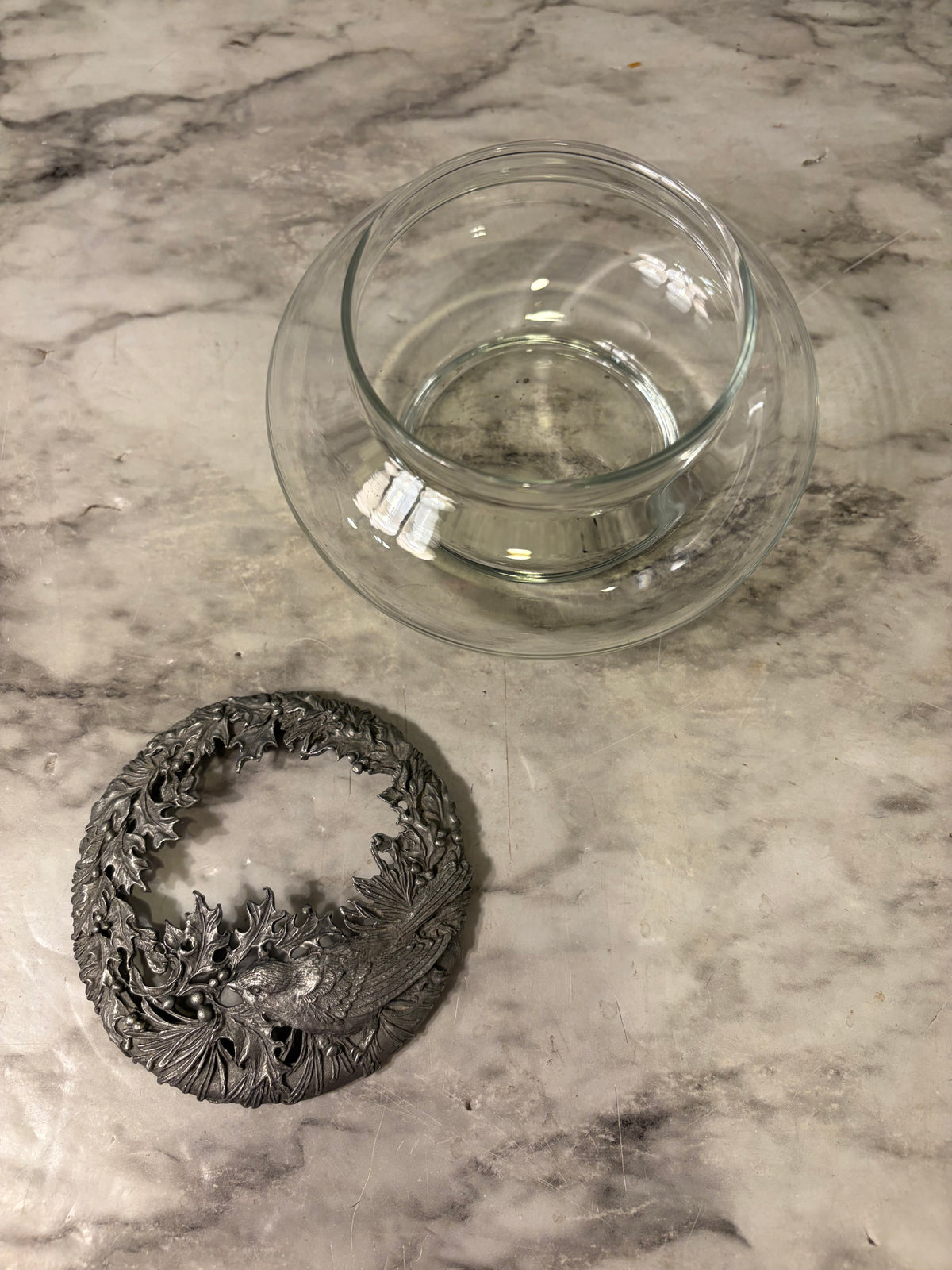 Glass Potpourri Bowl with Pewter Lid Bird