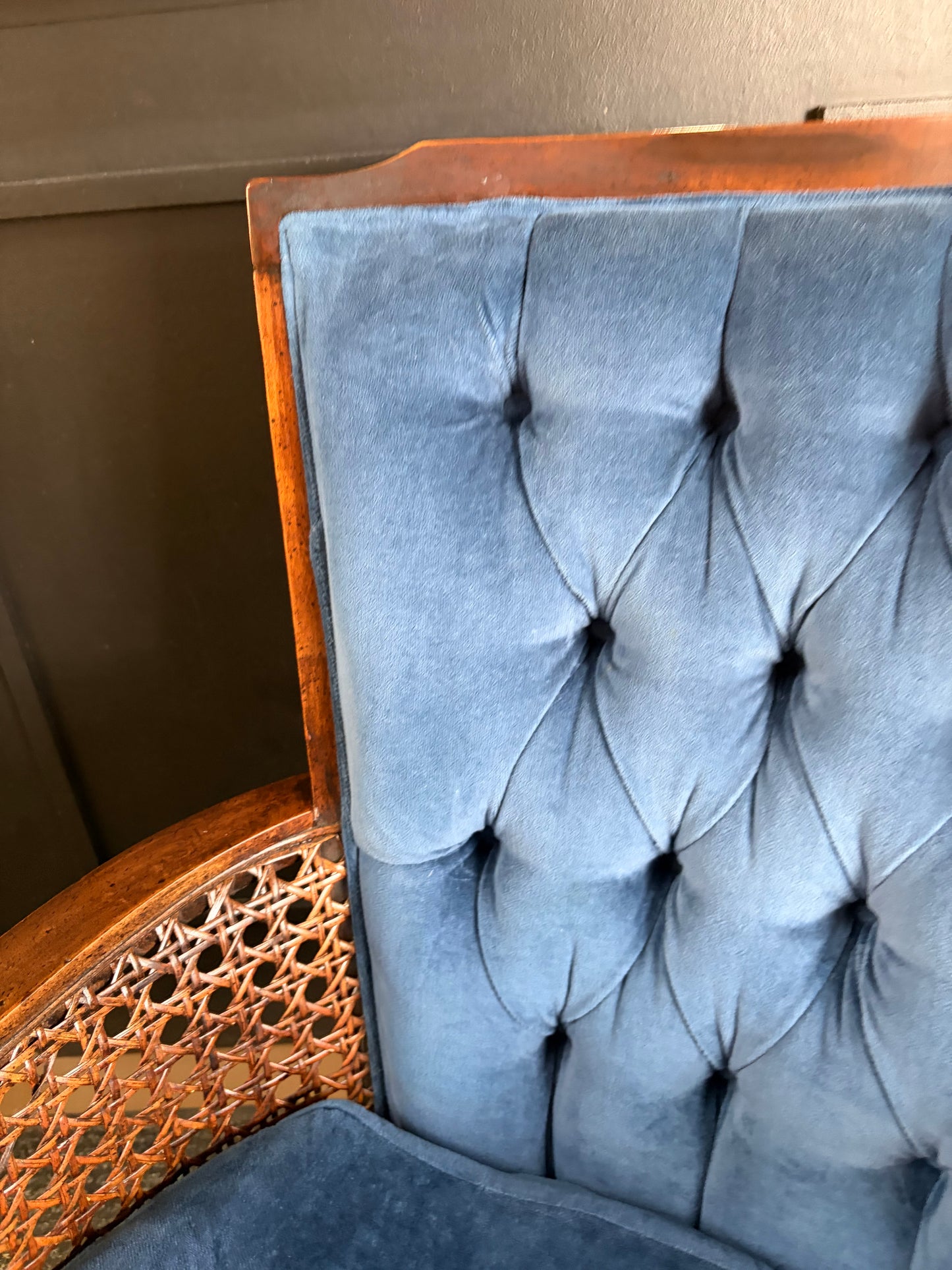 Dark Blue Velvet Tufted Chair with Cane