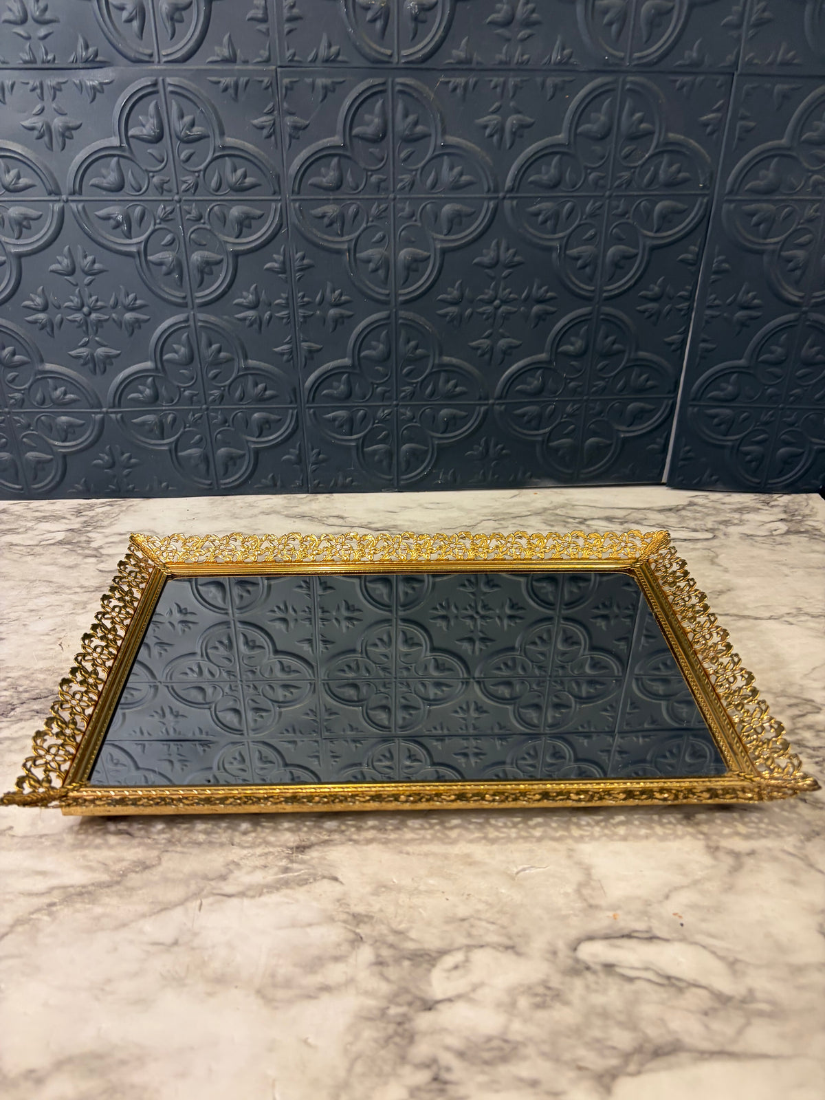 Brass Filigree Mirror Tray with Flowers 14.5"