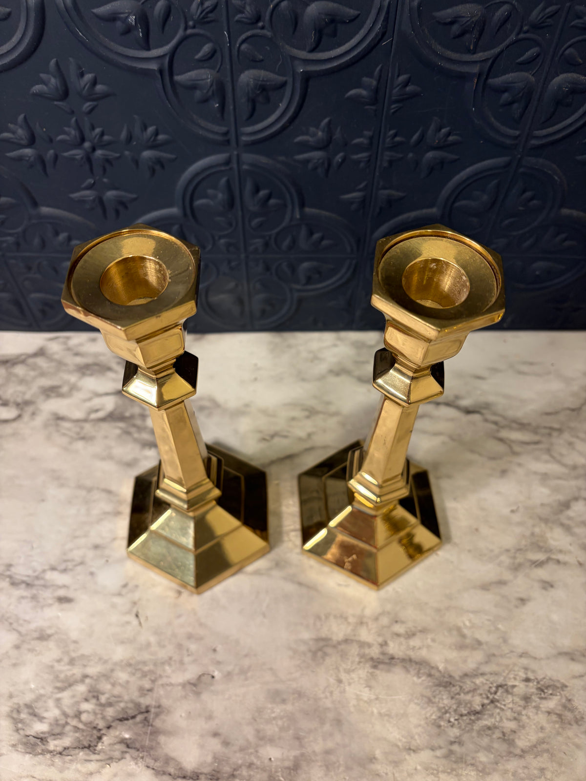 Hexagonal Base Candlestick Pair 8"