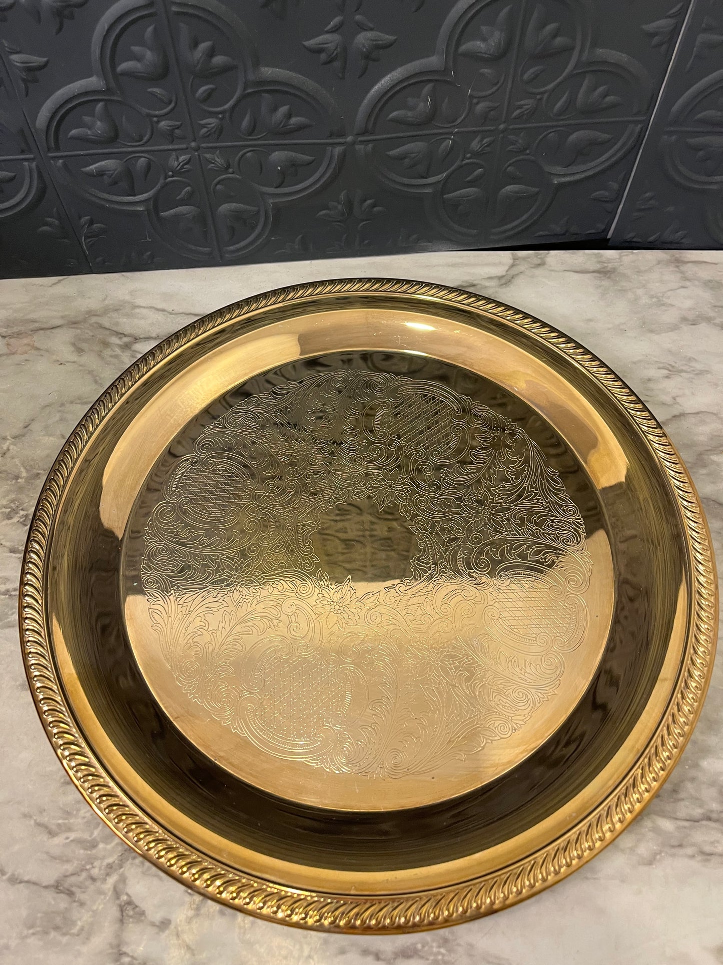 Round Brass Etched Tray 12"