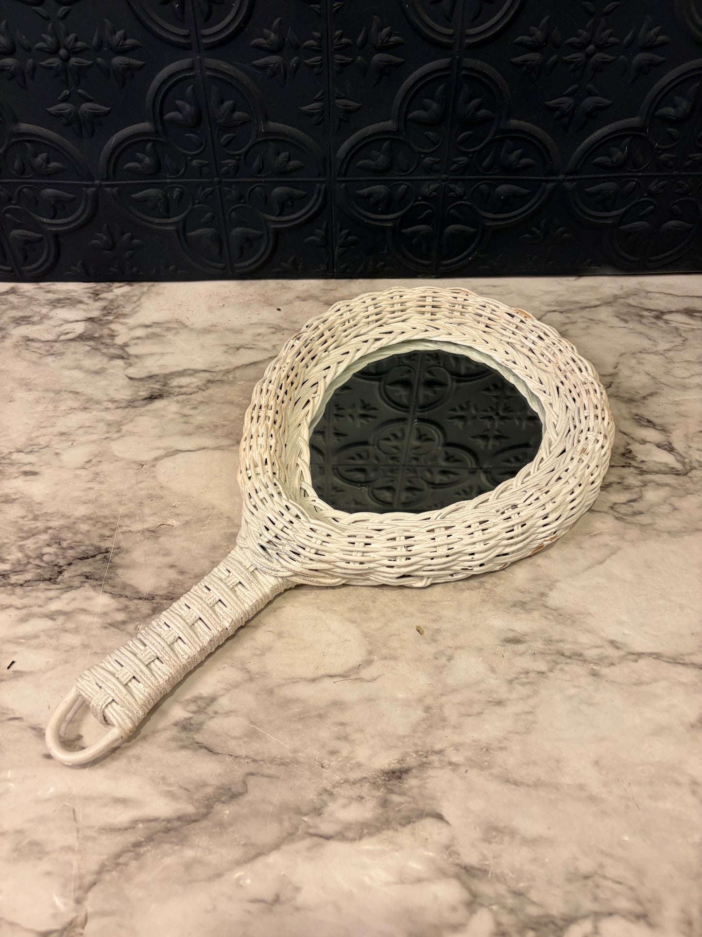 White Wicker Hand Mirror
