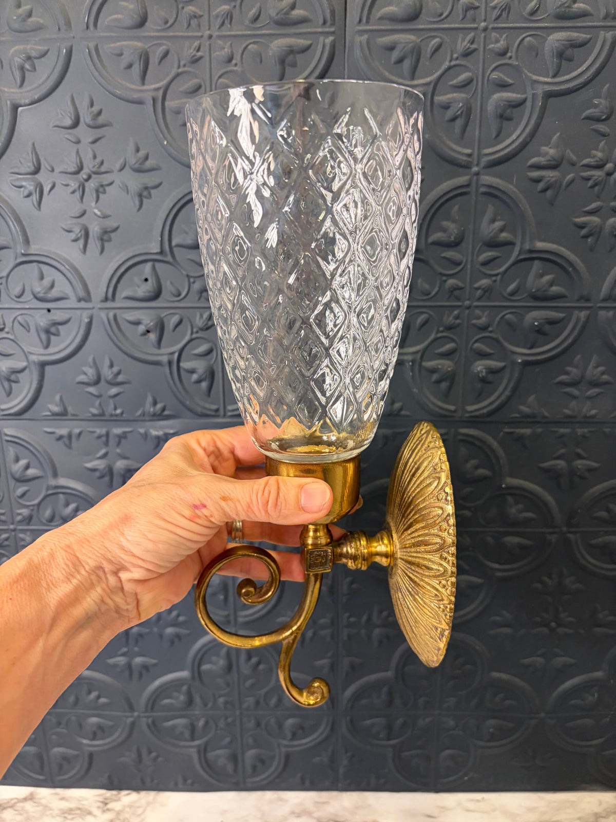 Set of 2 Brass Wall Sconce with Diamond Pattern Hurricane