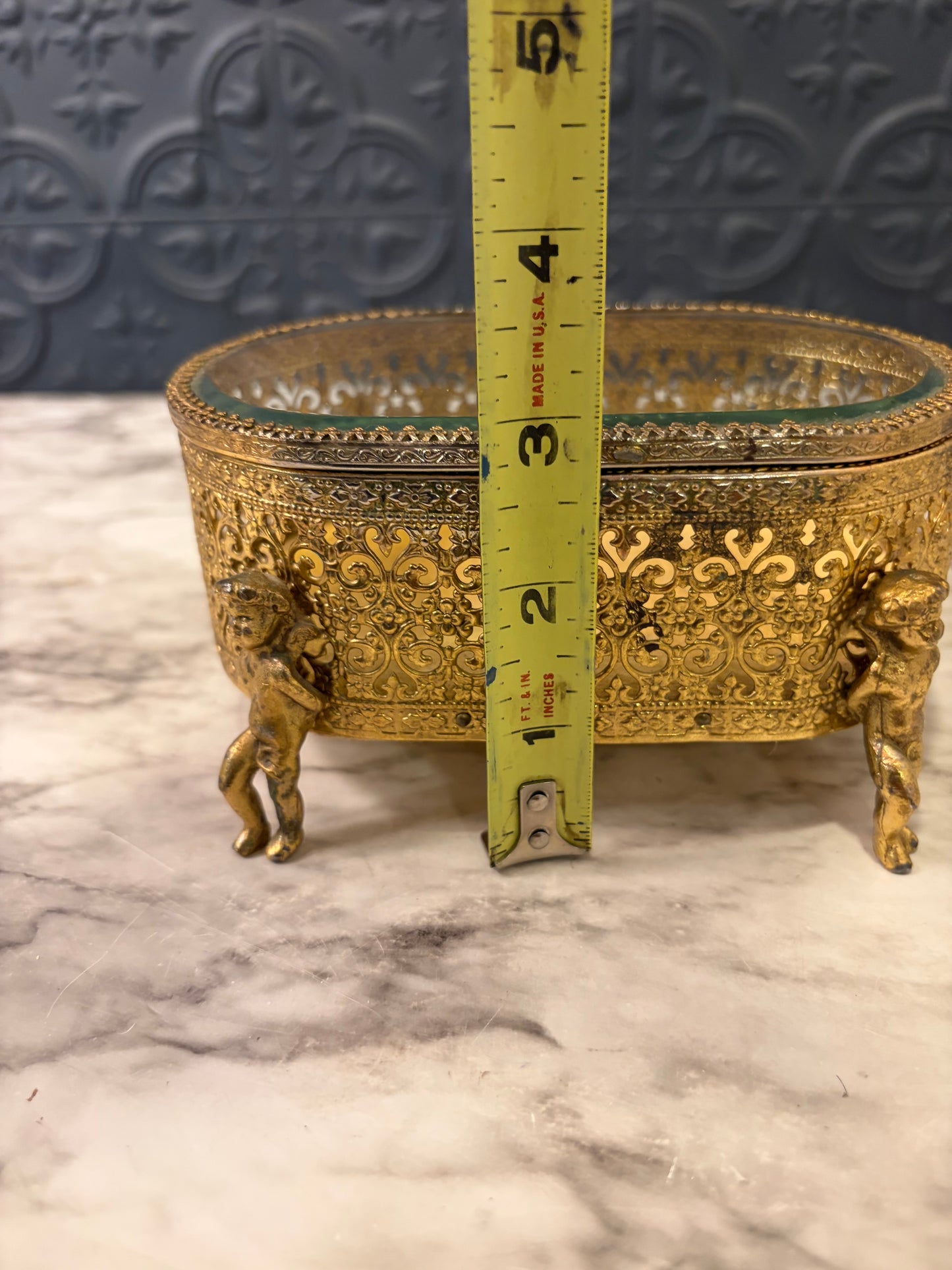 Gold Filigree Jewelry Box with Cherub legs
