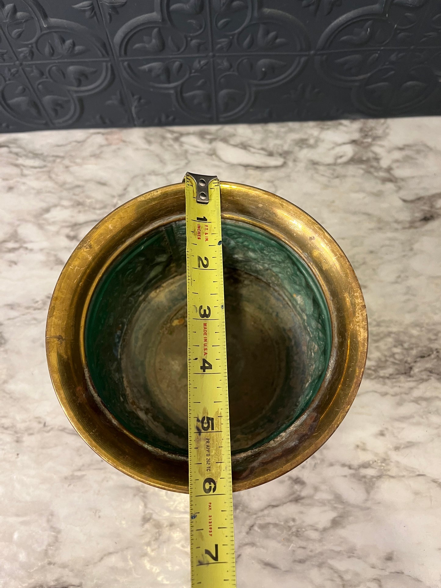 Footed Brass Pot with Rose relief