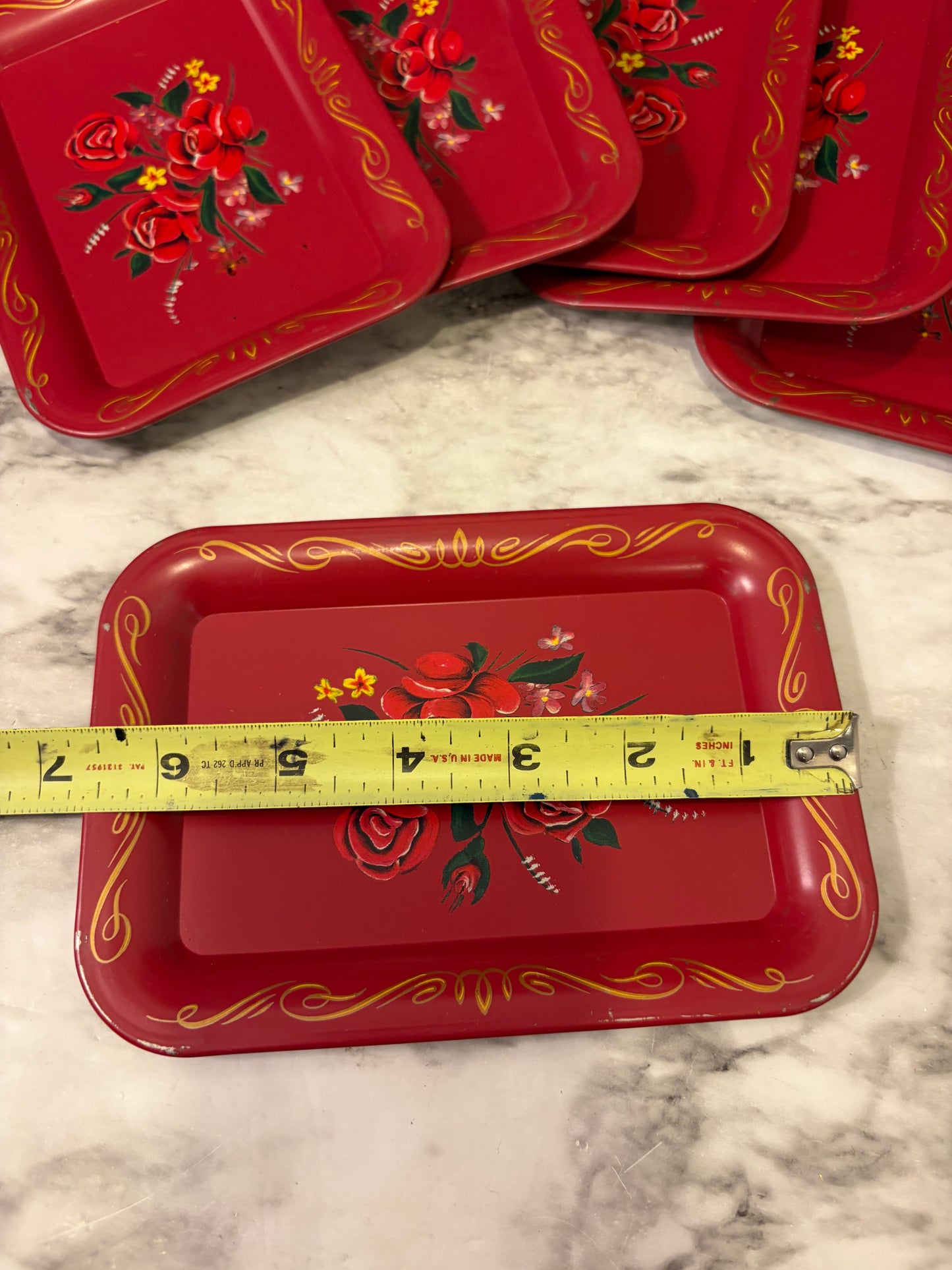 Red Floral Painted Metal Snack Trays Set of 6