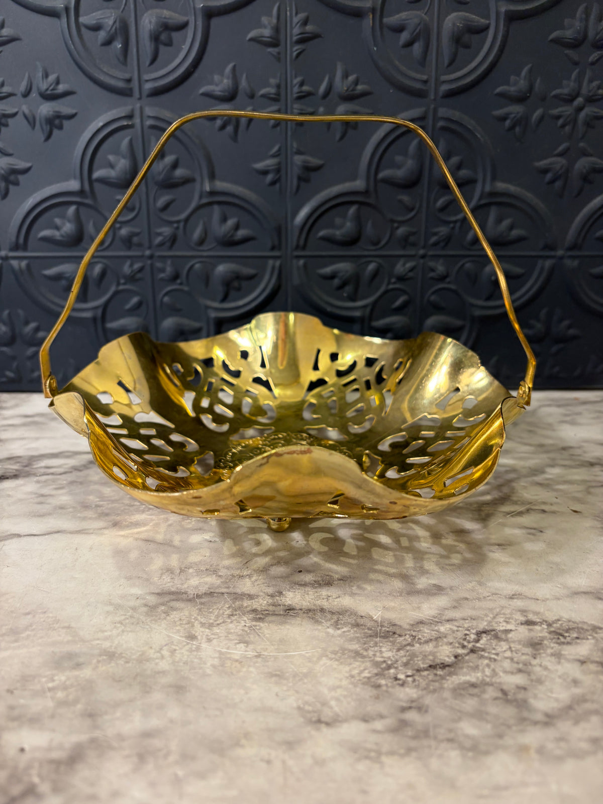 Vintage Brass Basket with Cutouts and Handle