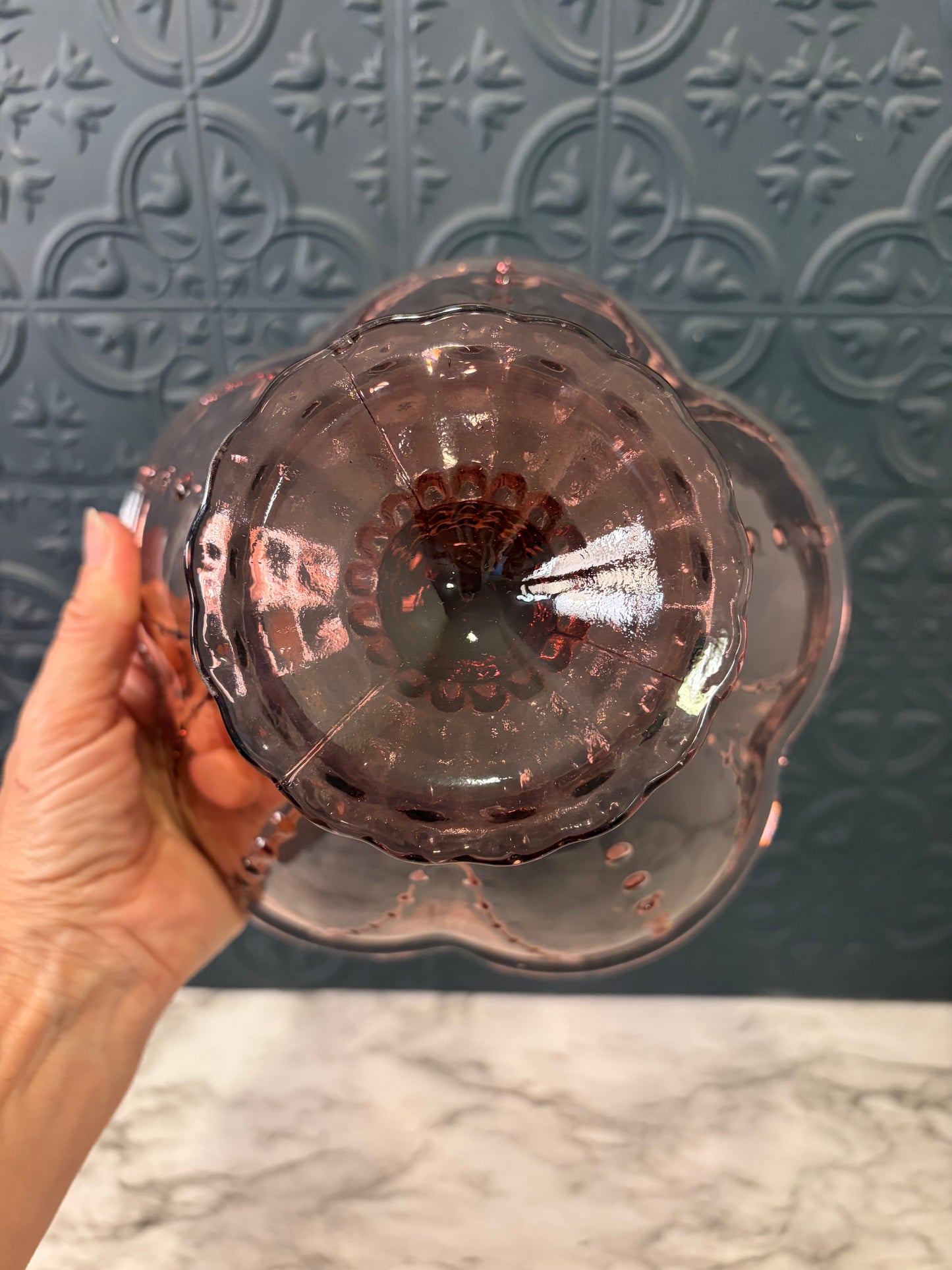 Purple Glass Scalloped Pedestal Bowl