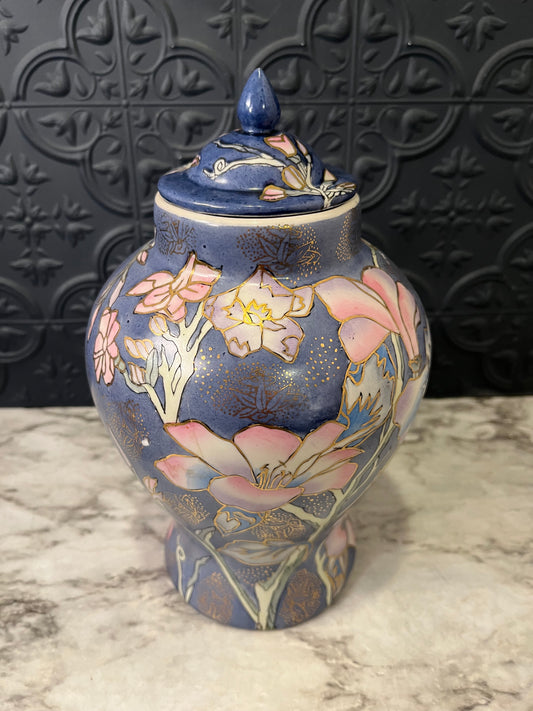 Blue and Pink Hand Painted Ginger Jar