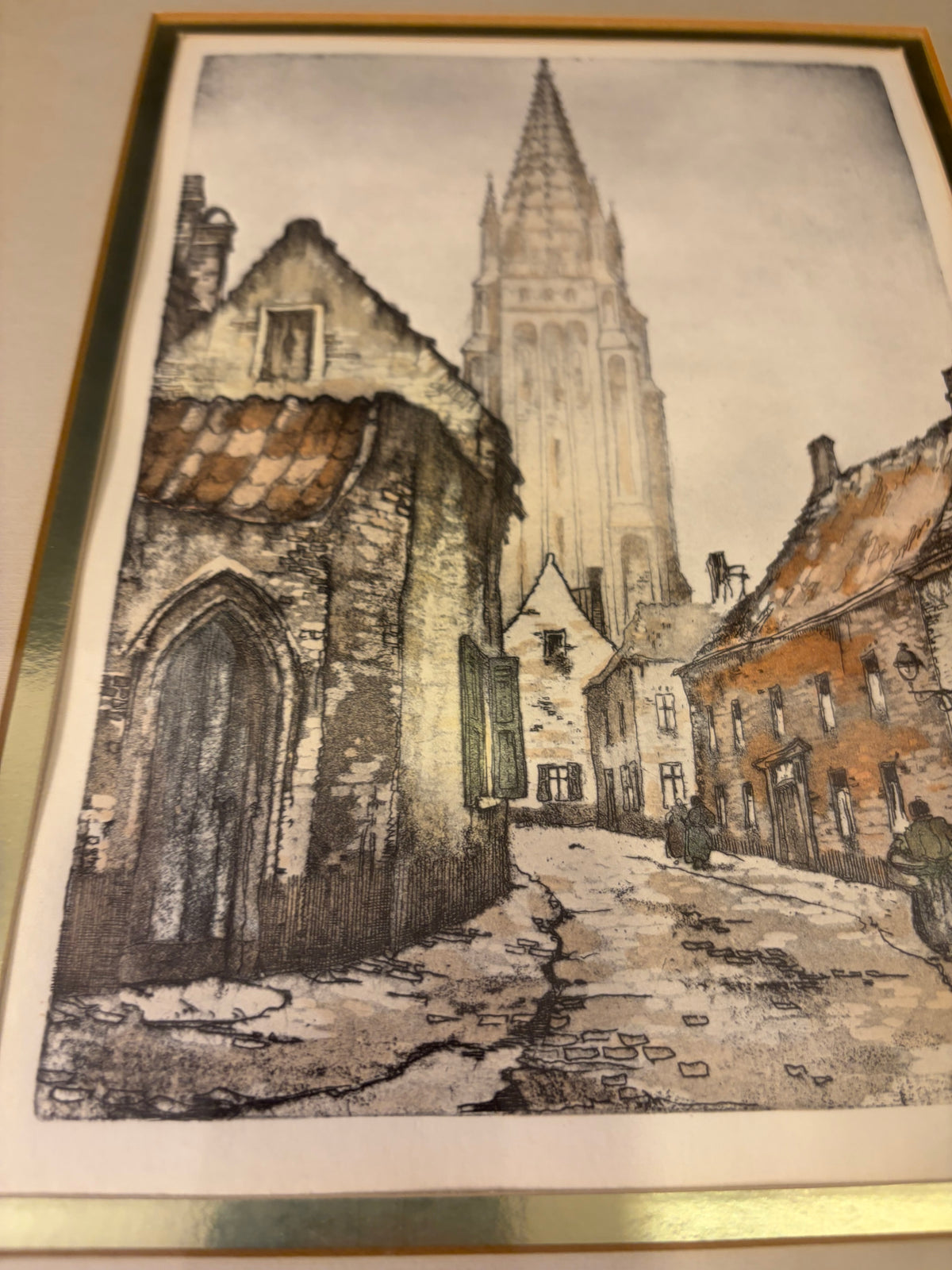 Vintage Church and Town Print Framed