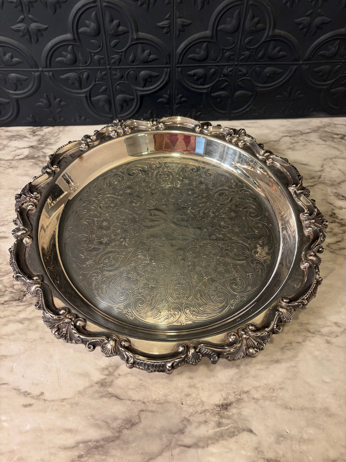 12" Silver Plate Etched Tray with Feet