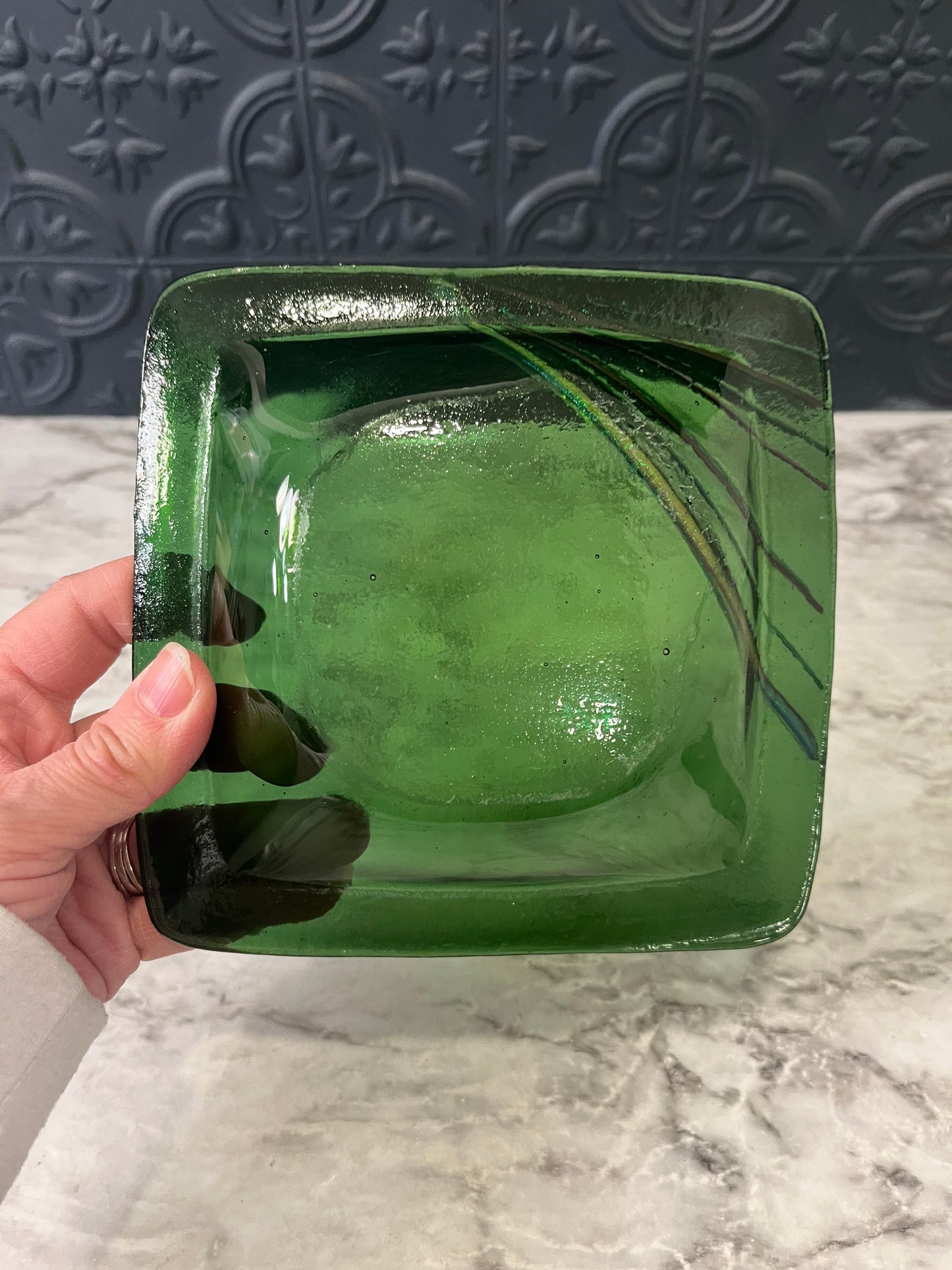 Handmade Fused Art Square Dish Green