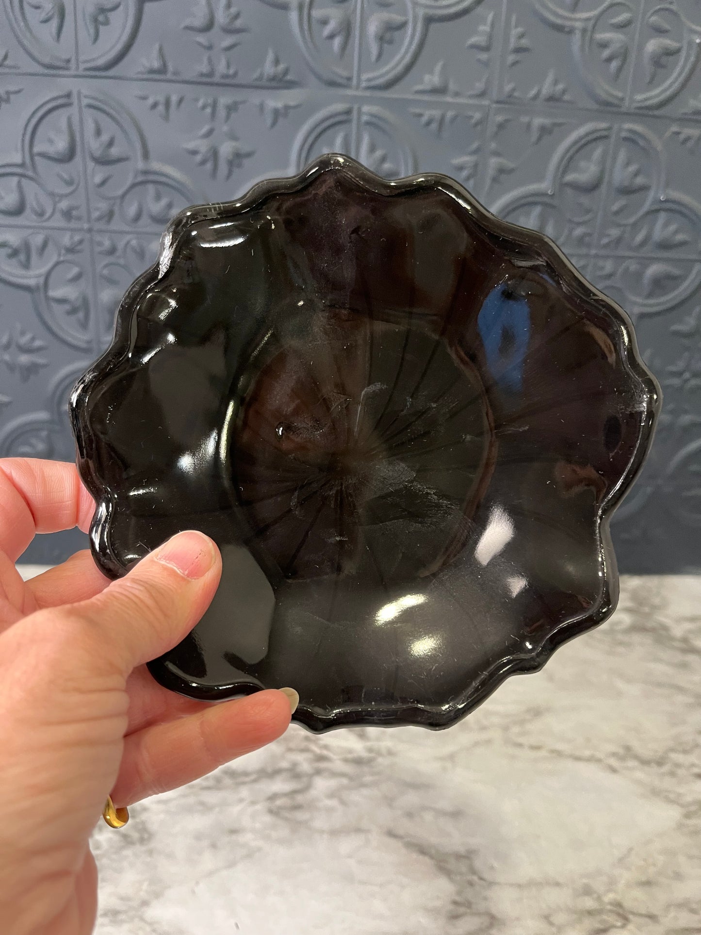 Black Glass Floral Trinket Dish