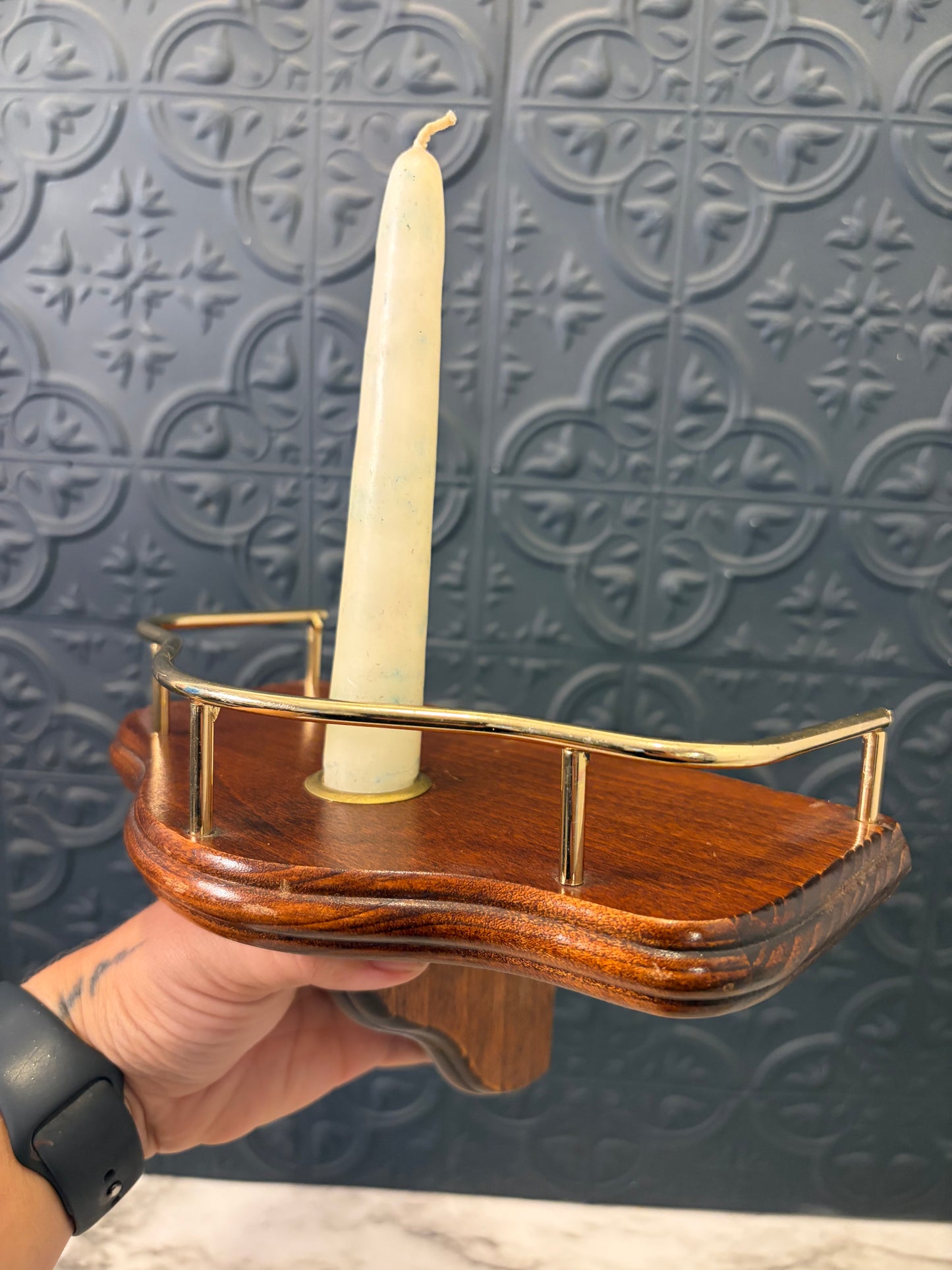 Wood Shelf/Candle Holder with Brass Detail