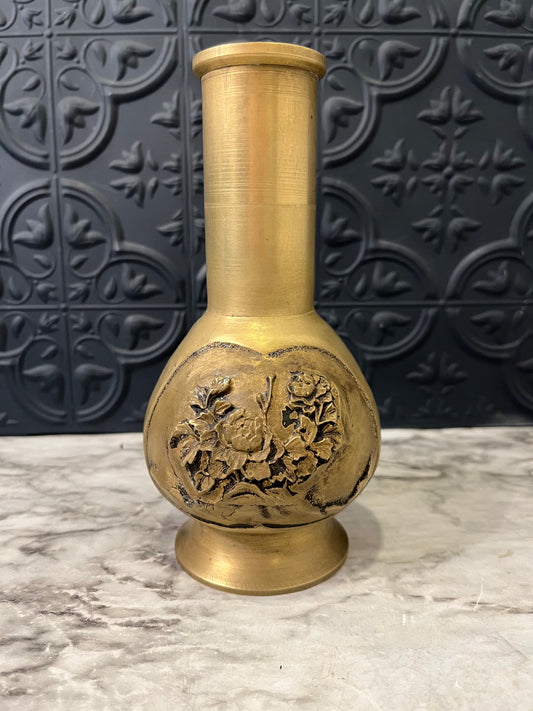 Antique Japanese Brass Vase with Peonies