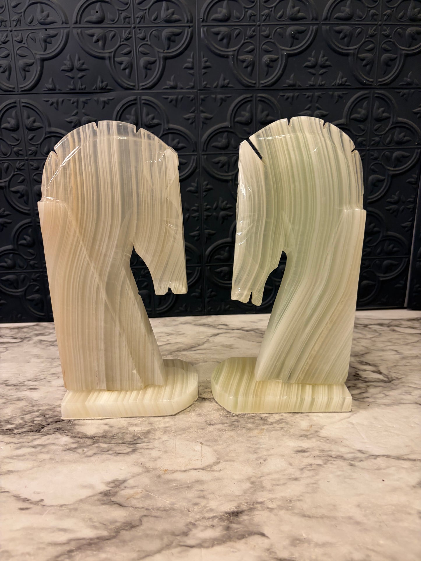 White Onyx Horse Head Bookends 10"