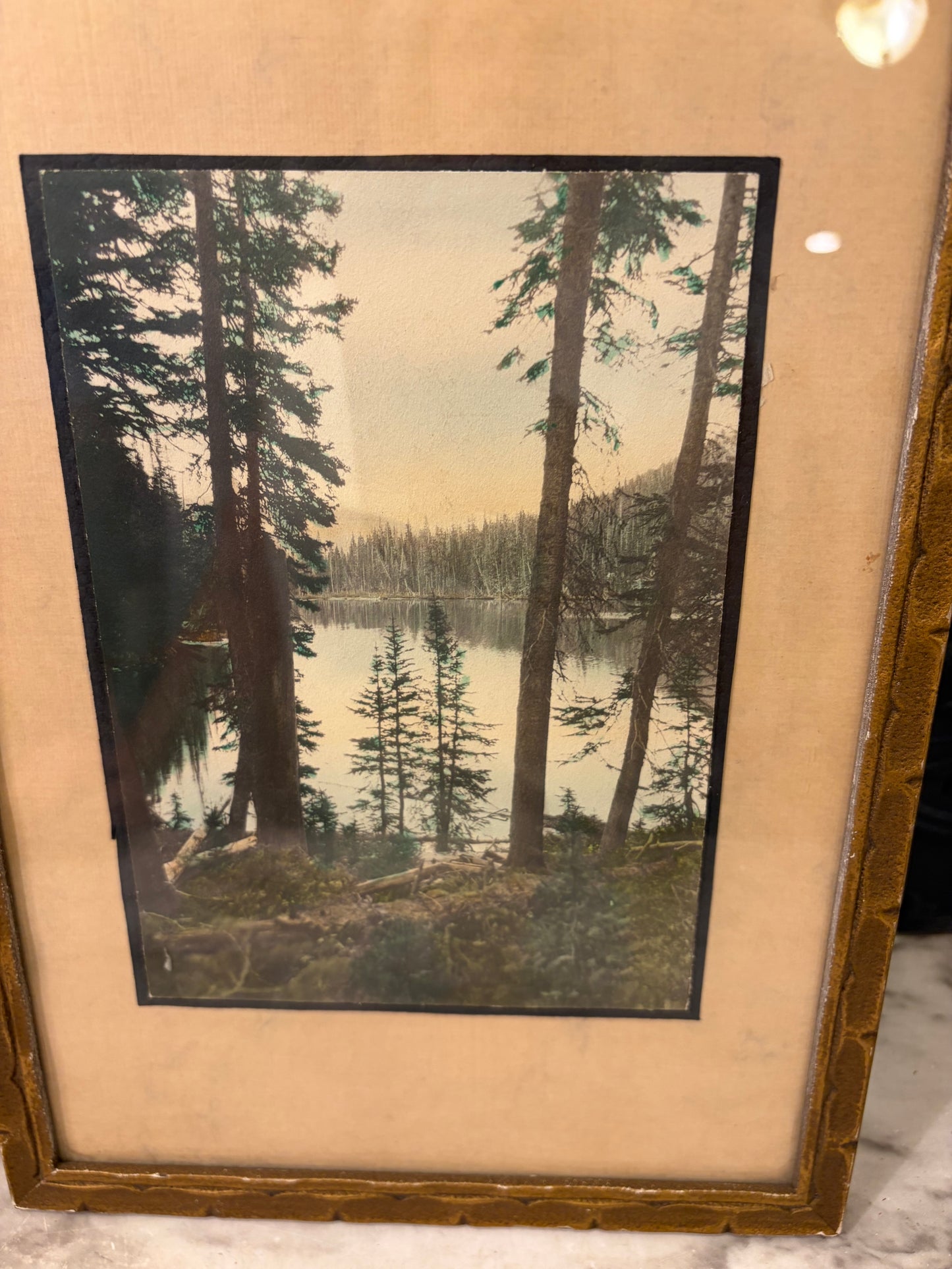 Vintage art of Mountain Lake in  Gold Frame