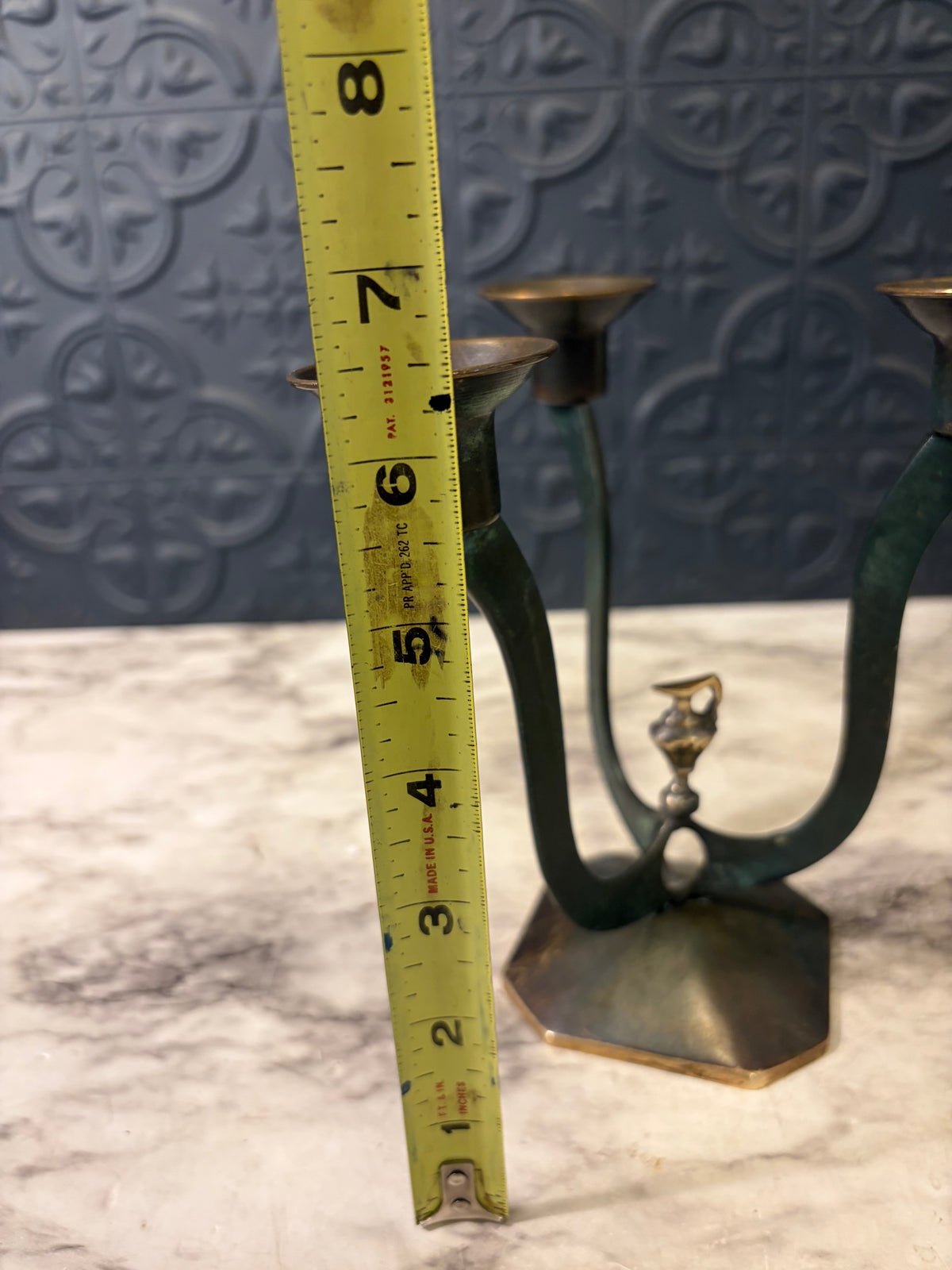 Triple Patina Candle Holder with Small Vase in Middle