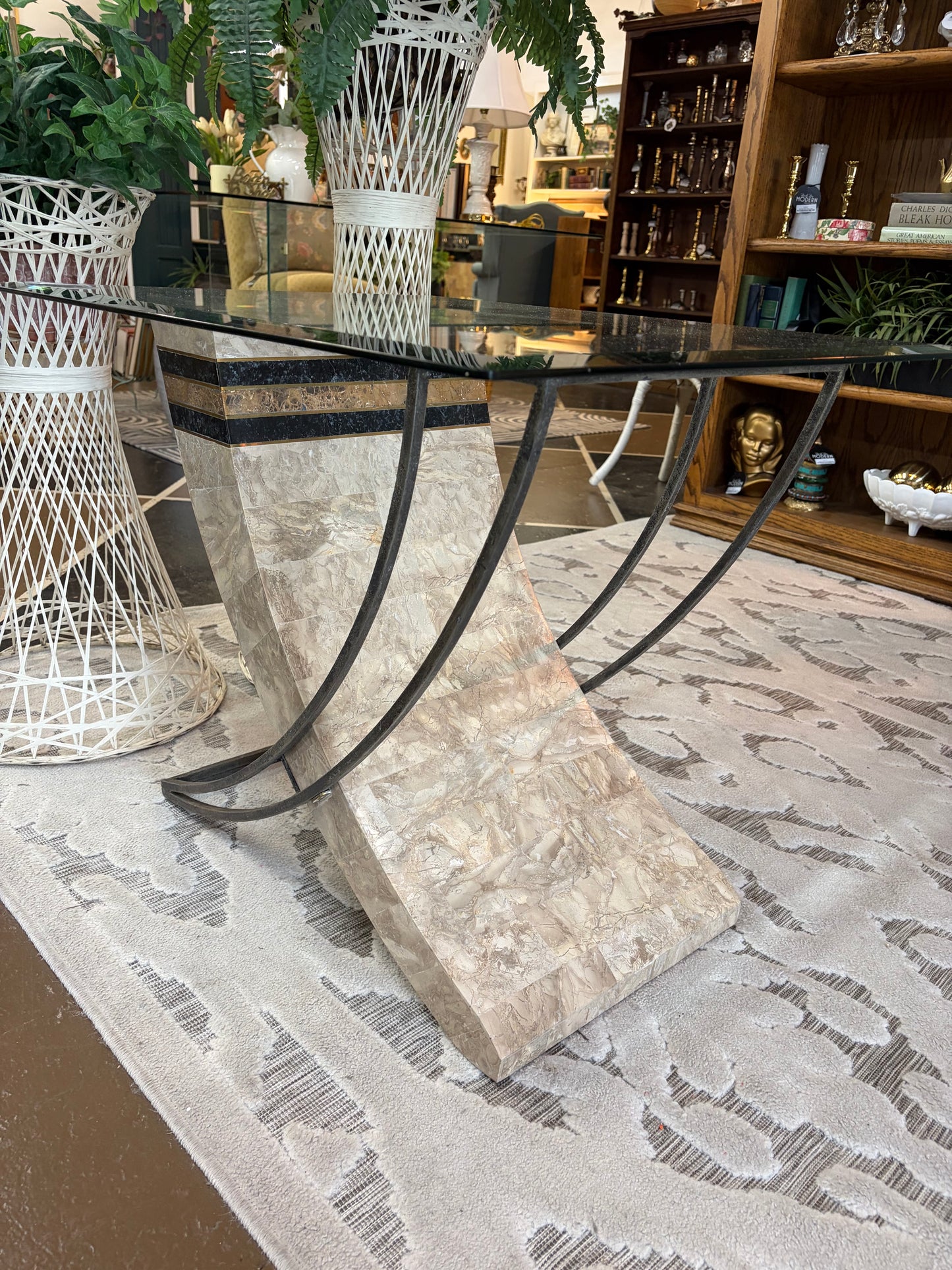 Stone, Wrought Iron and Glass Side Table