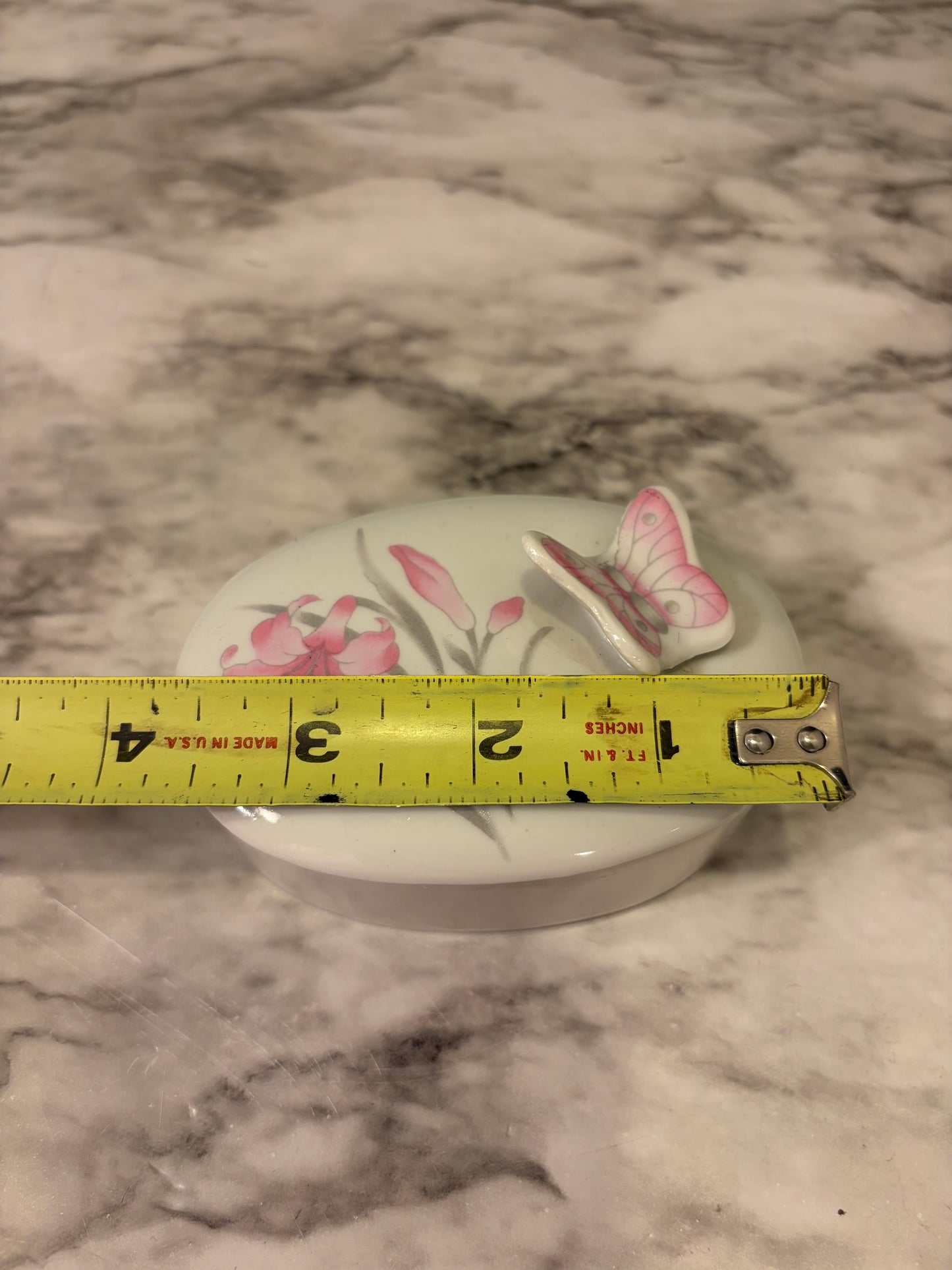 Small Oval Trinket Box with Pink Flowers and Butterfly
