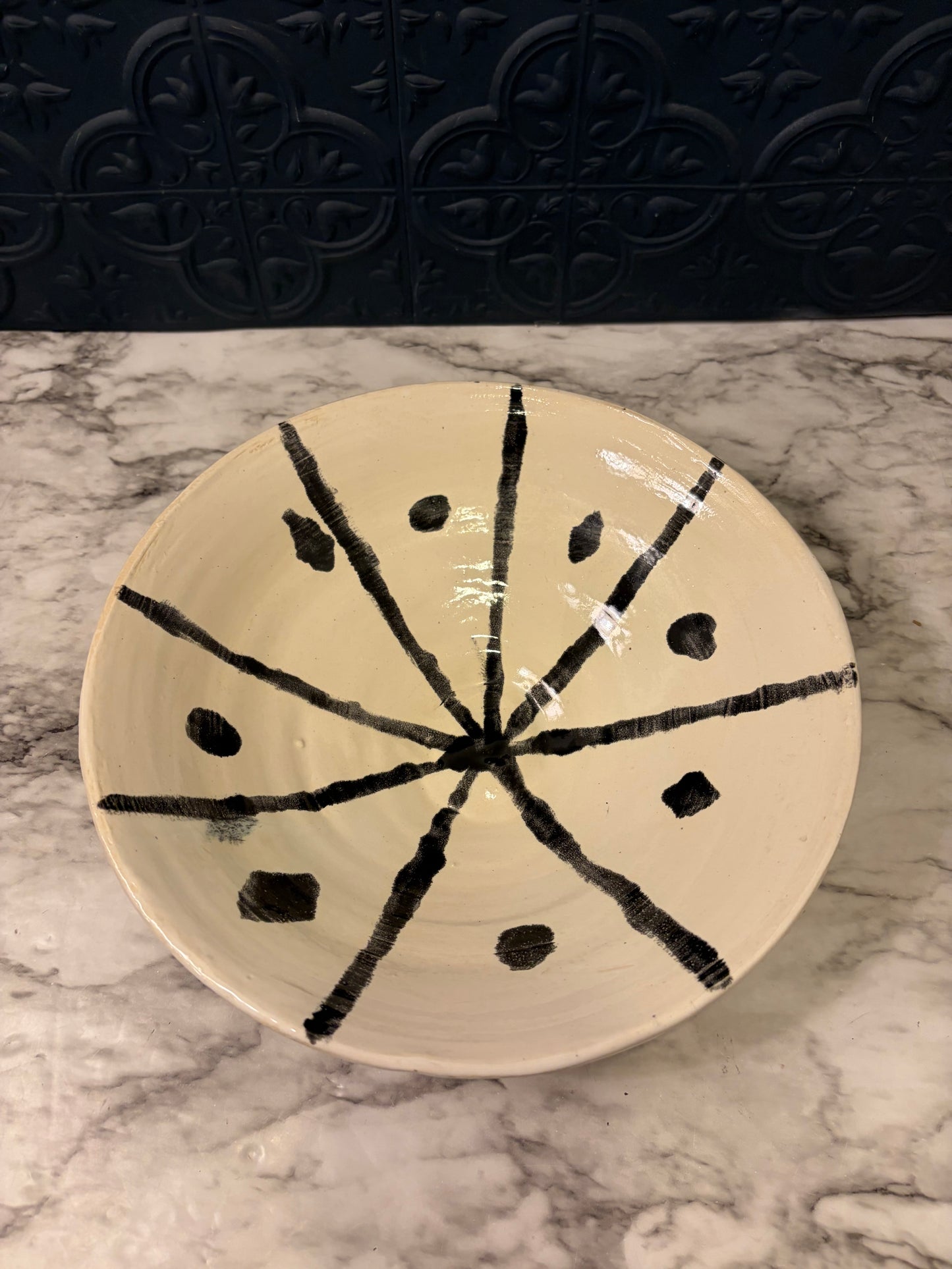 Studio Pottery Cream Bowl with Black Lines and Dots