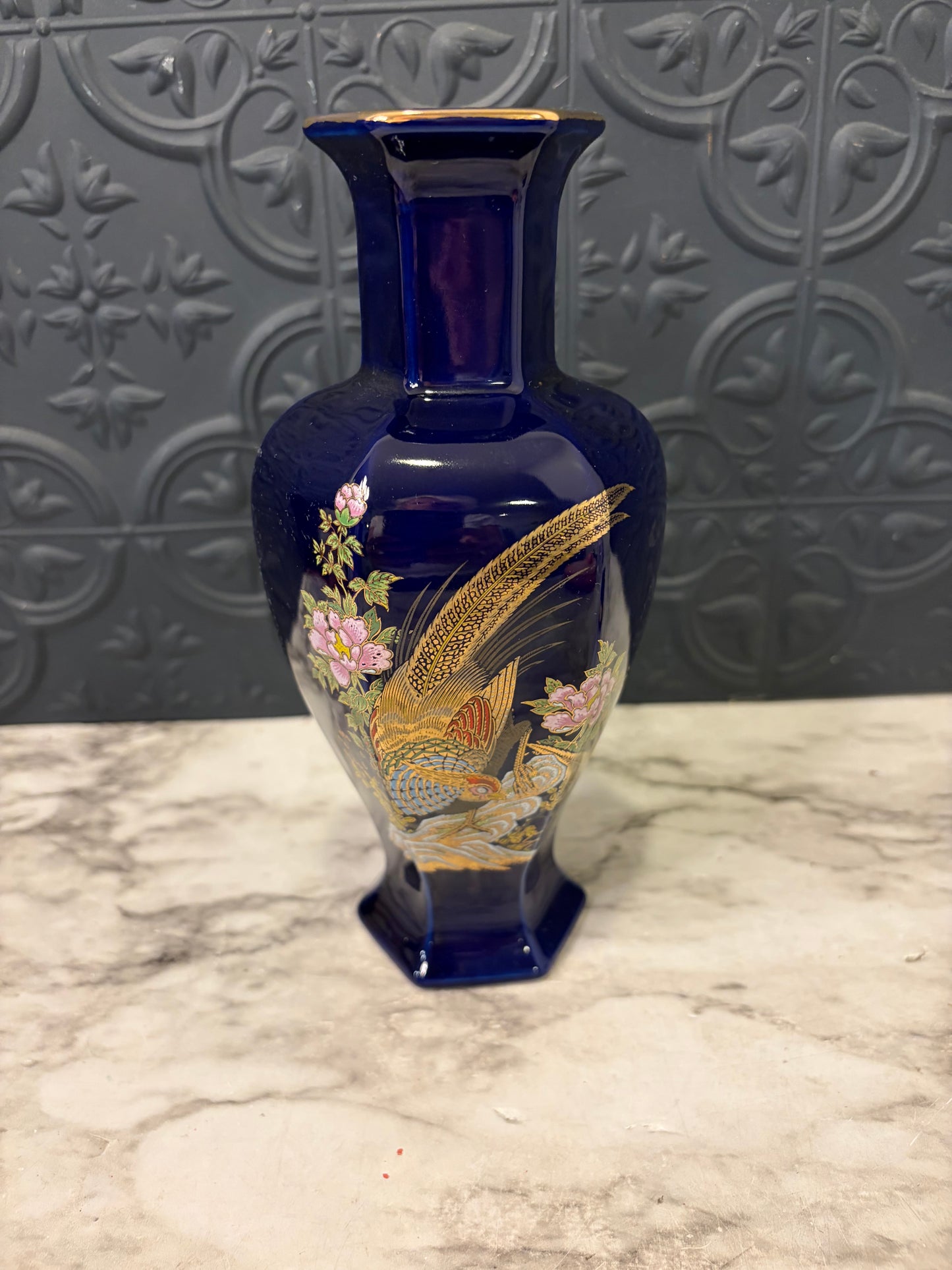 8" Blue Vase with Pheasant
