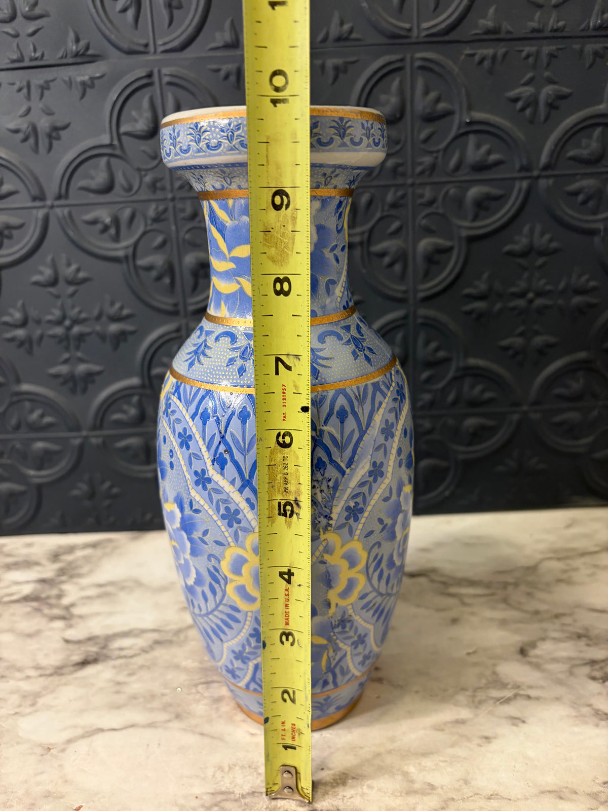 Yellow and Blue Ceramic vase with Gold Trim