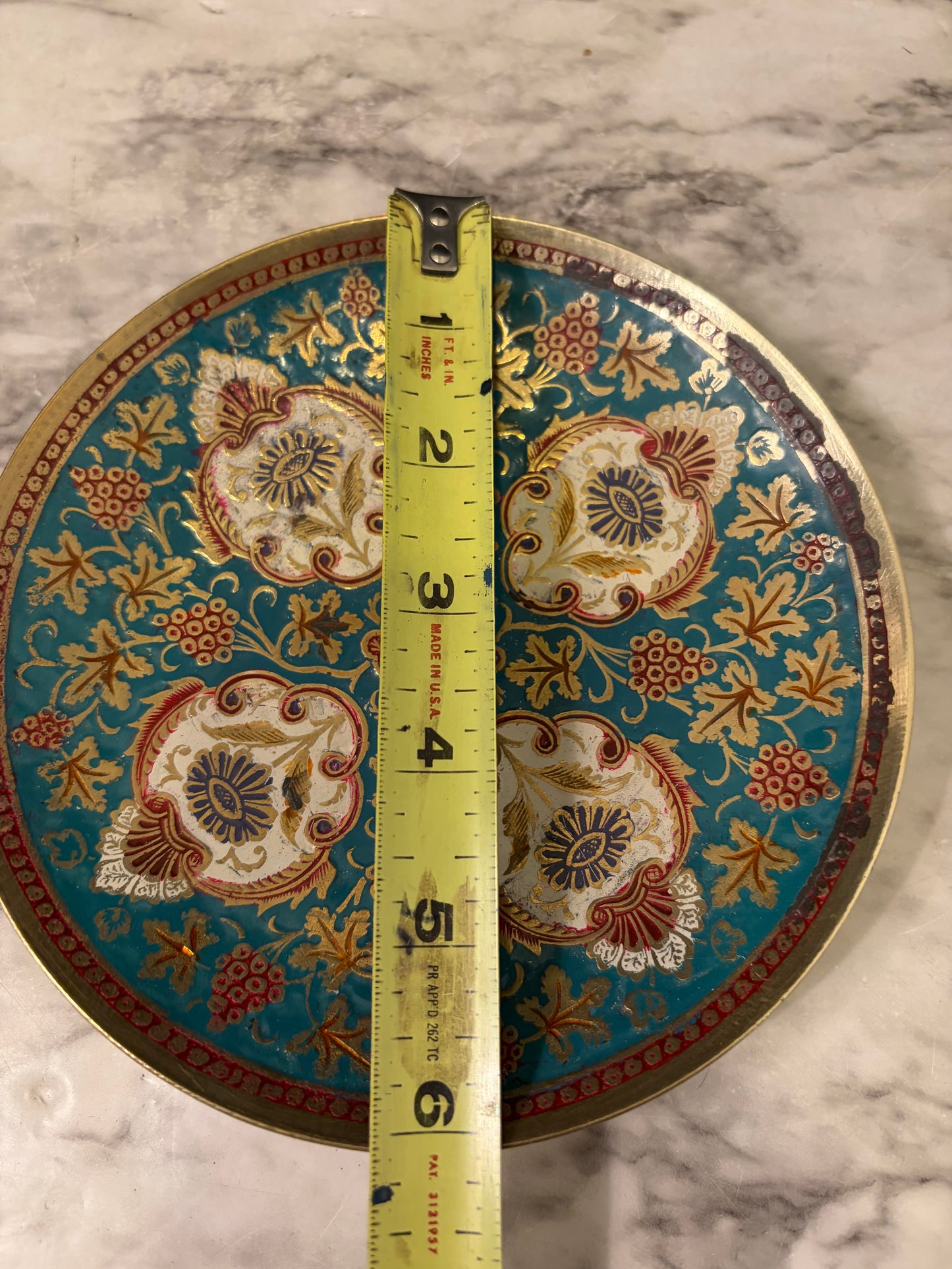 6" Brass Enamel Plate Teal and Red