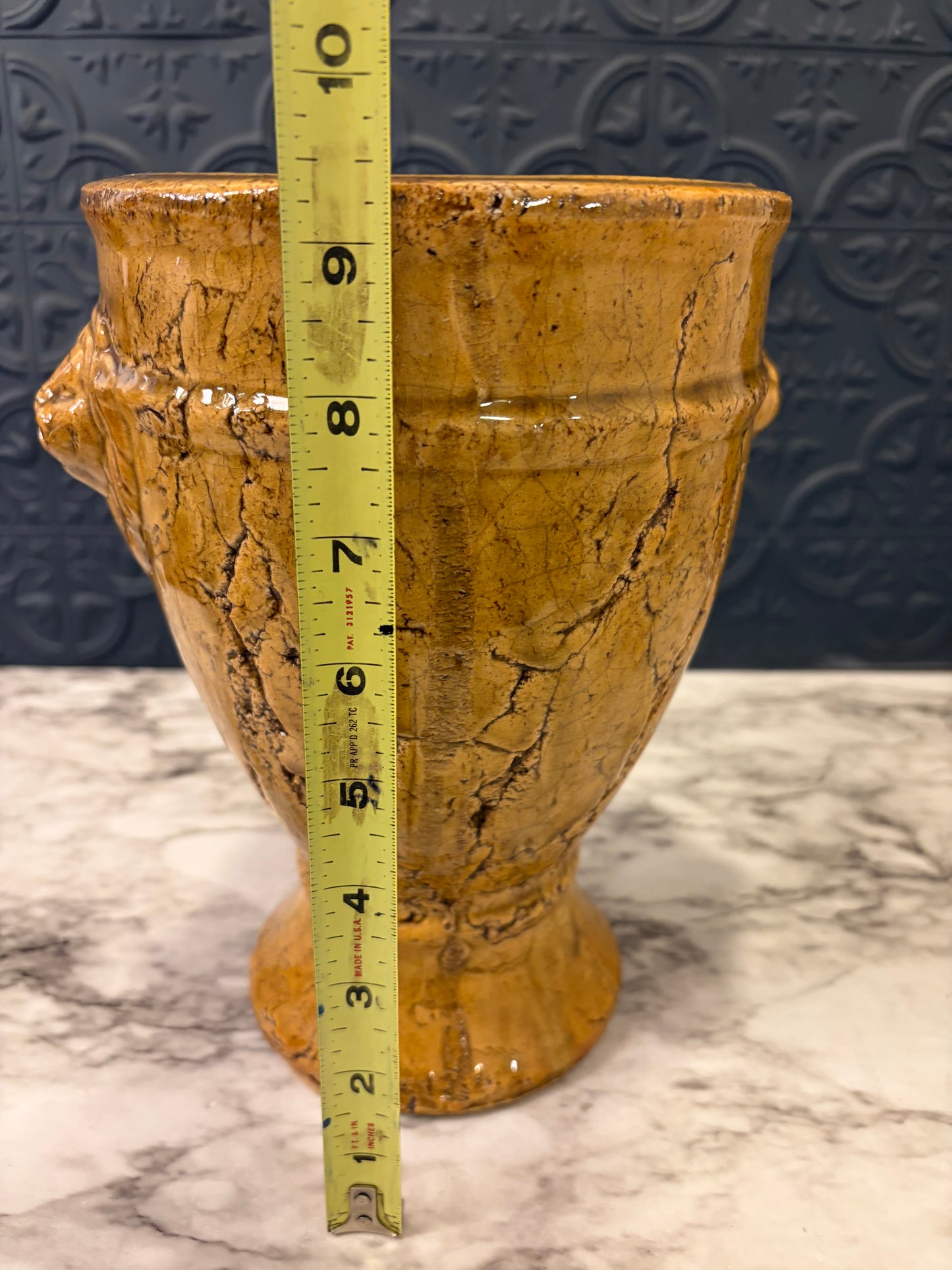 Mustard Crackle Urn with Lion Heads